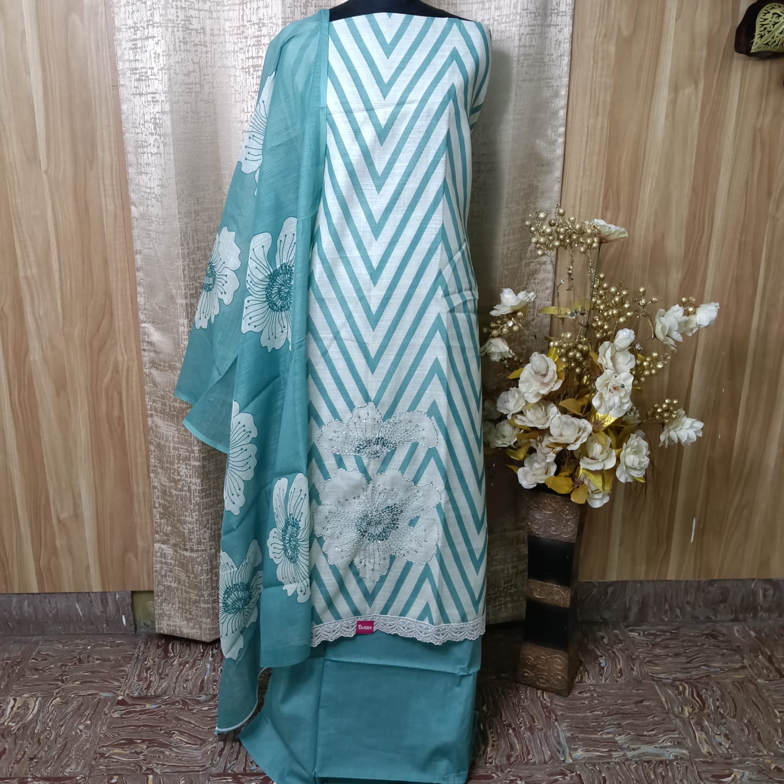 Aqua Blue Cotton Kantha Work Chudithar Dress Material with Designer Shawl