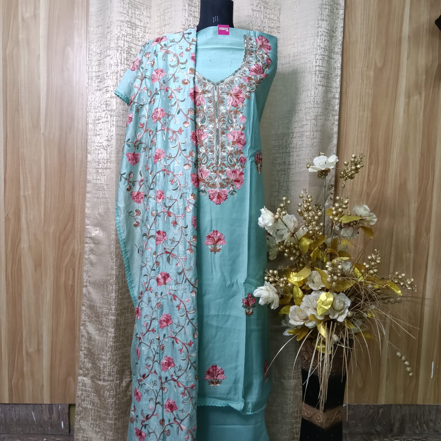 Aqua Blue Kashmiri Work Silk Chudithar Dress Material with Full Work Shawl