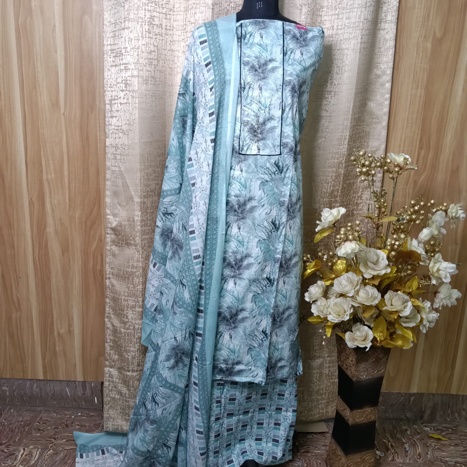Aqua Blue Floral Printed Cotton Chudithar Dress Material