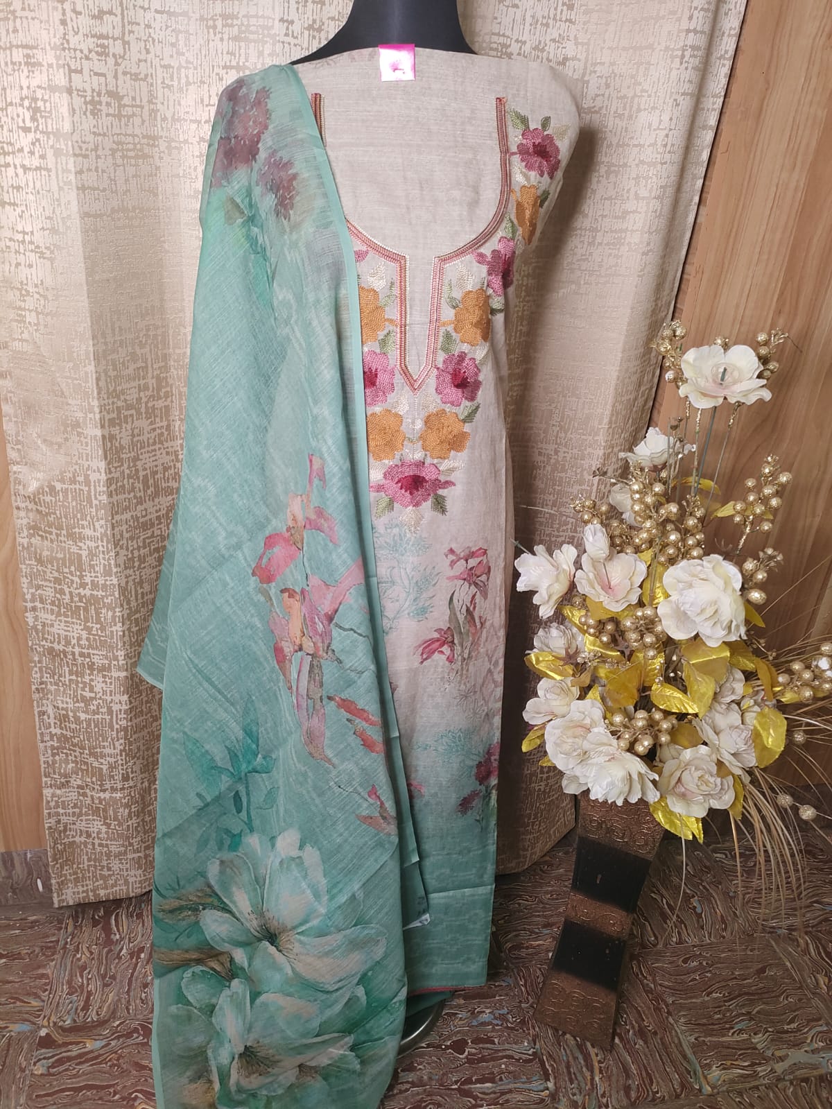 Beige Linen Cotton Floral Chudithar Dress Material with Printed Linen Shawl
