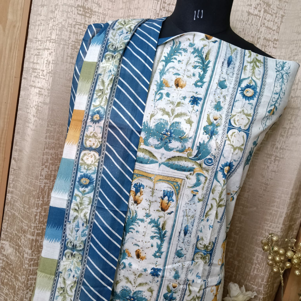 Blue Heritage Print Cotton Chudithar Dress Material with Dupatta
