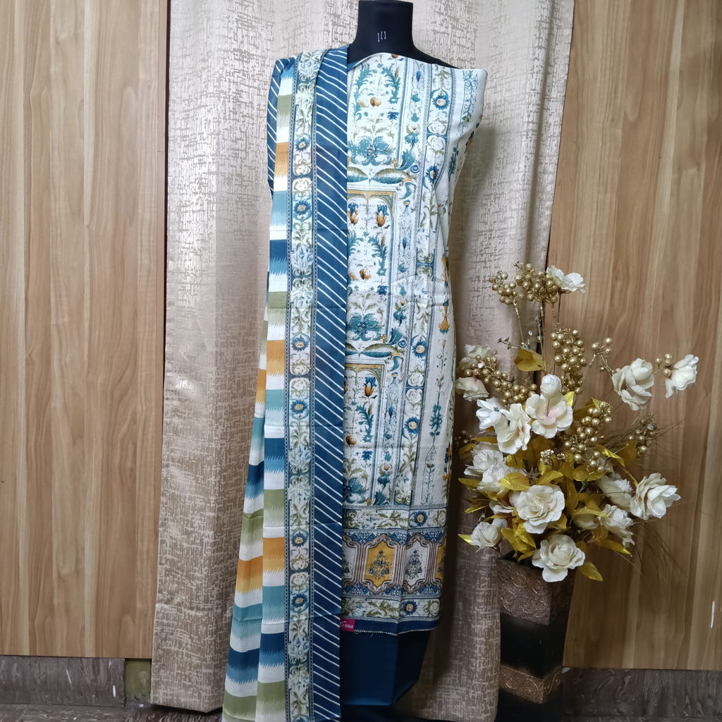 Blue Heritage Print Cotton Chudithar Dress Material with Dupatta