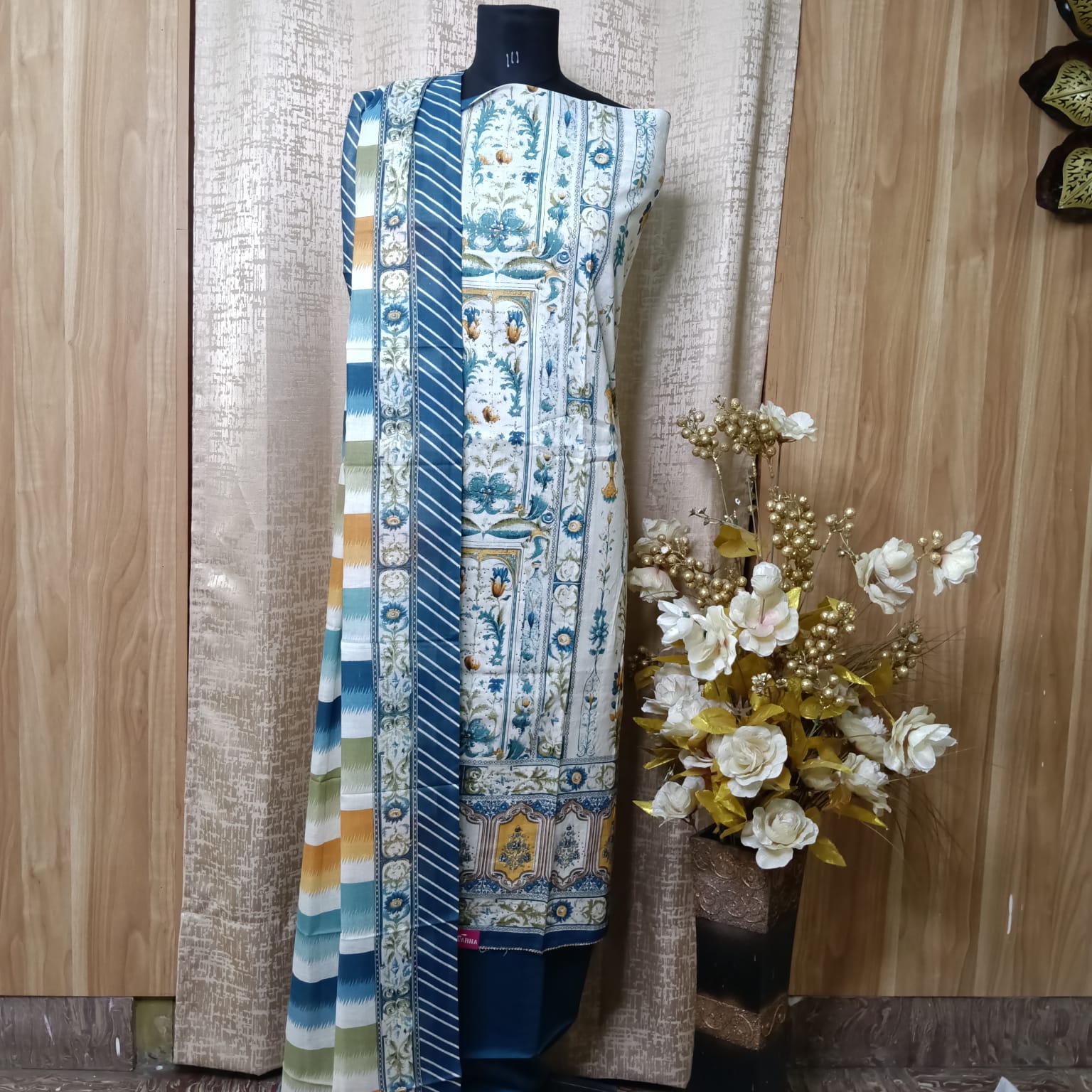Blue Heritage Print Cotton Chudithar Dress Material with Dupatta
