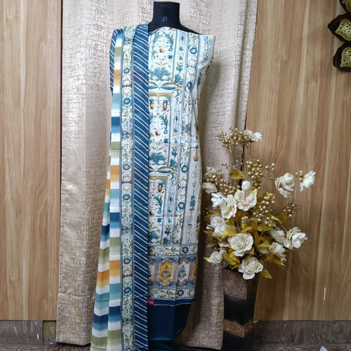 Blue Heritage Print Cotton Chudithar Dress Material with Dupatta