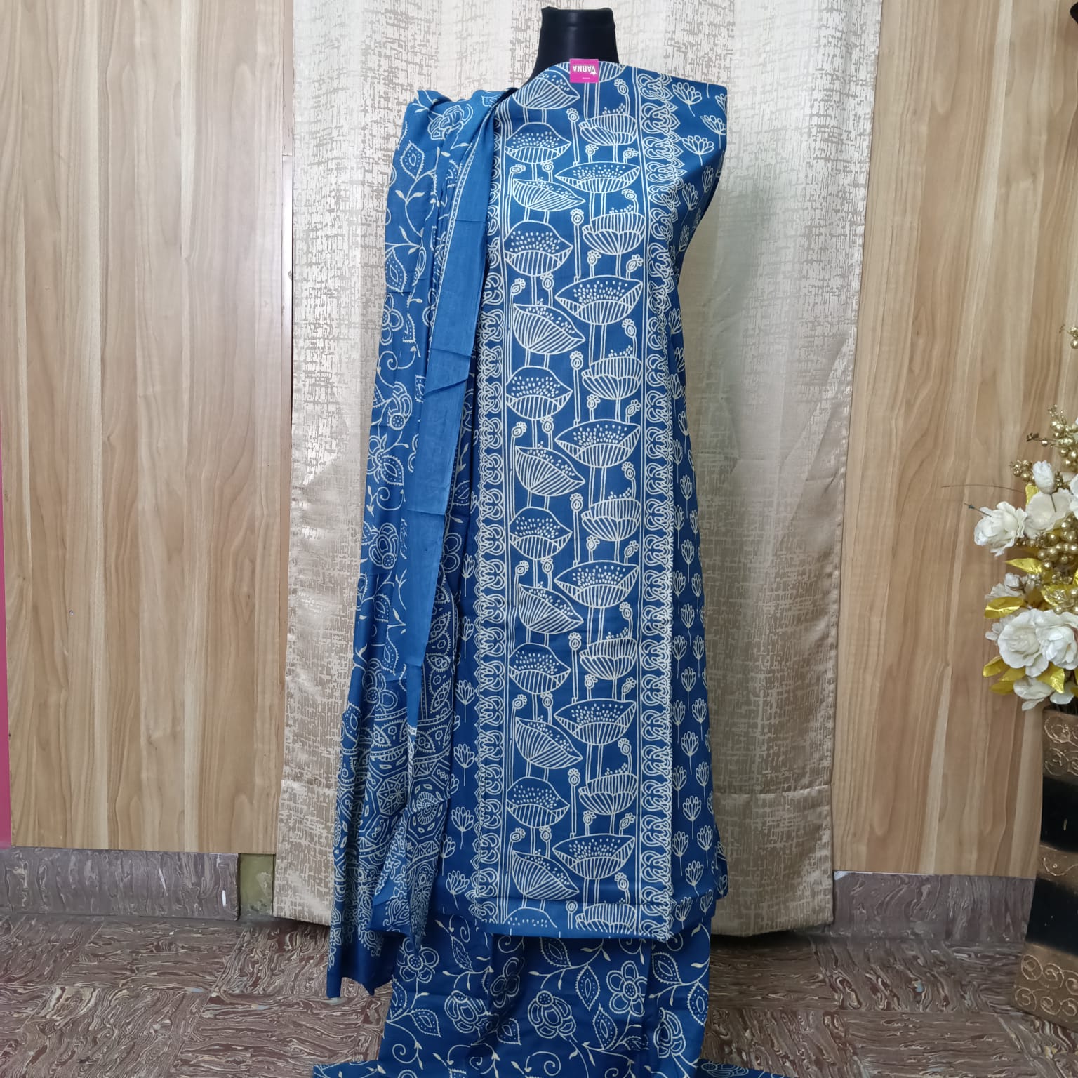 Blue Ethnic Printed Cotton Chudithar Dress Material with Dupatta