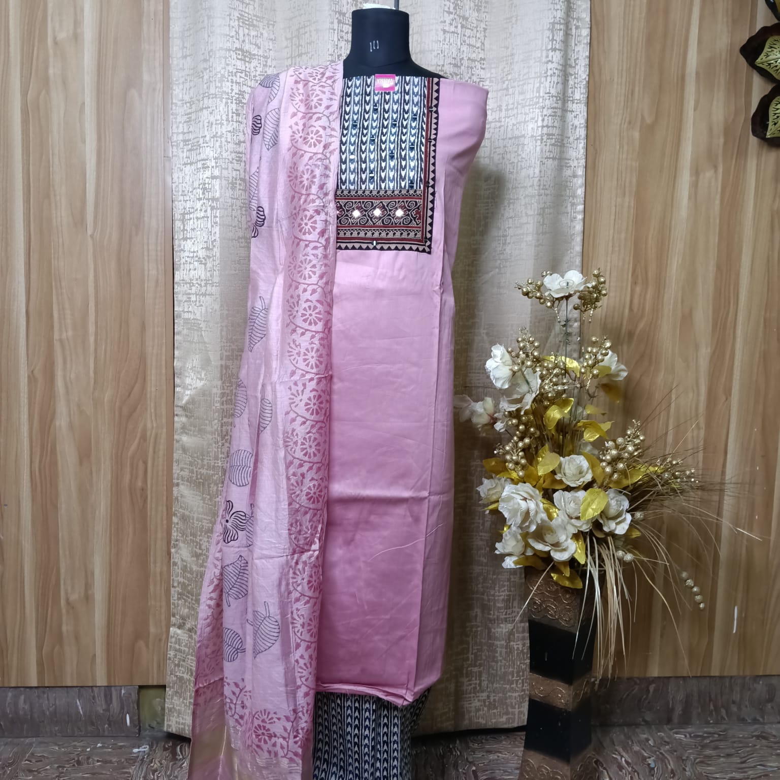 Blush Pink Ethnic Printed Cotton Chudithar Dress Material with Dupatta
