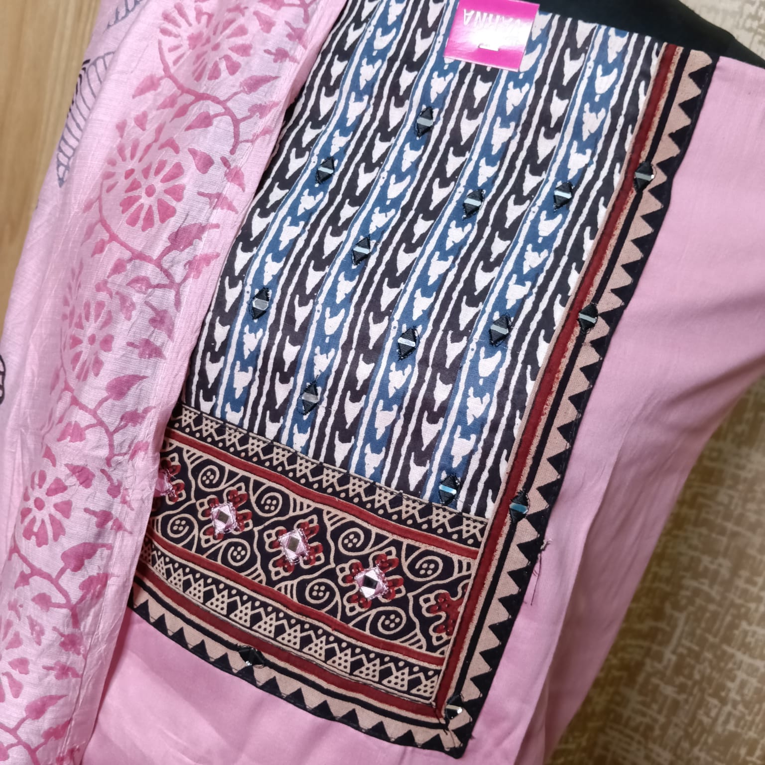 Blush Pink Ethnic Printed Cotton Chudithar Dress Material with Dupatta