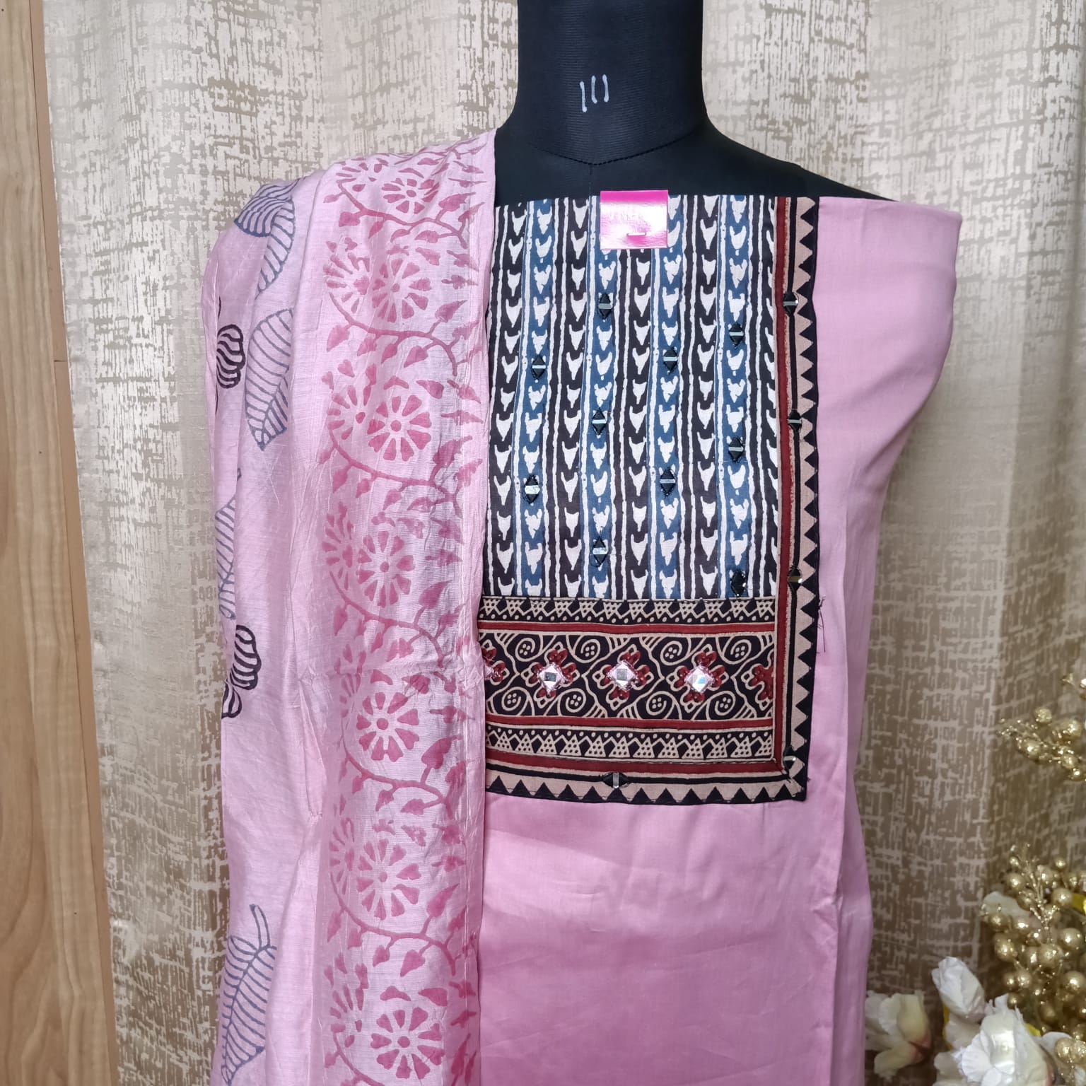 Blush Pink Ethnic Printed Cotton Chudithar Dress Material with Dupatta