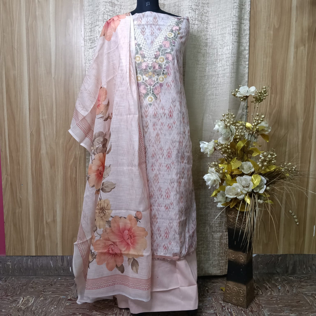 Blush Pink Floral Embroidered Cotton Chudithar Dress Material with Printed Dupatta
