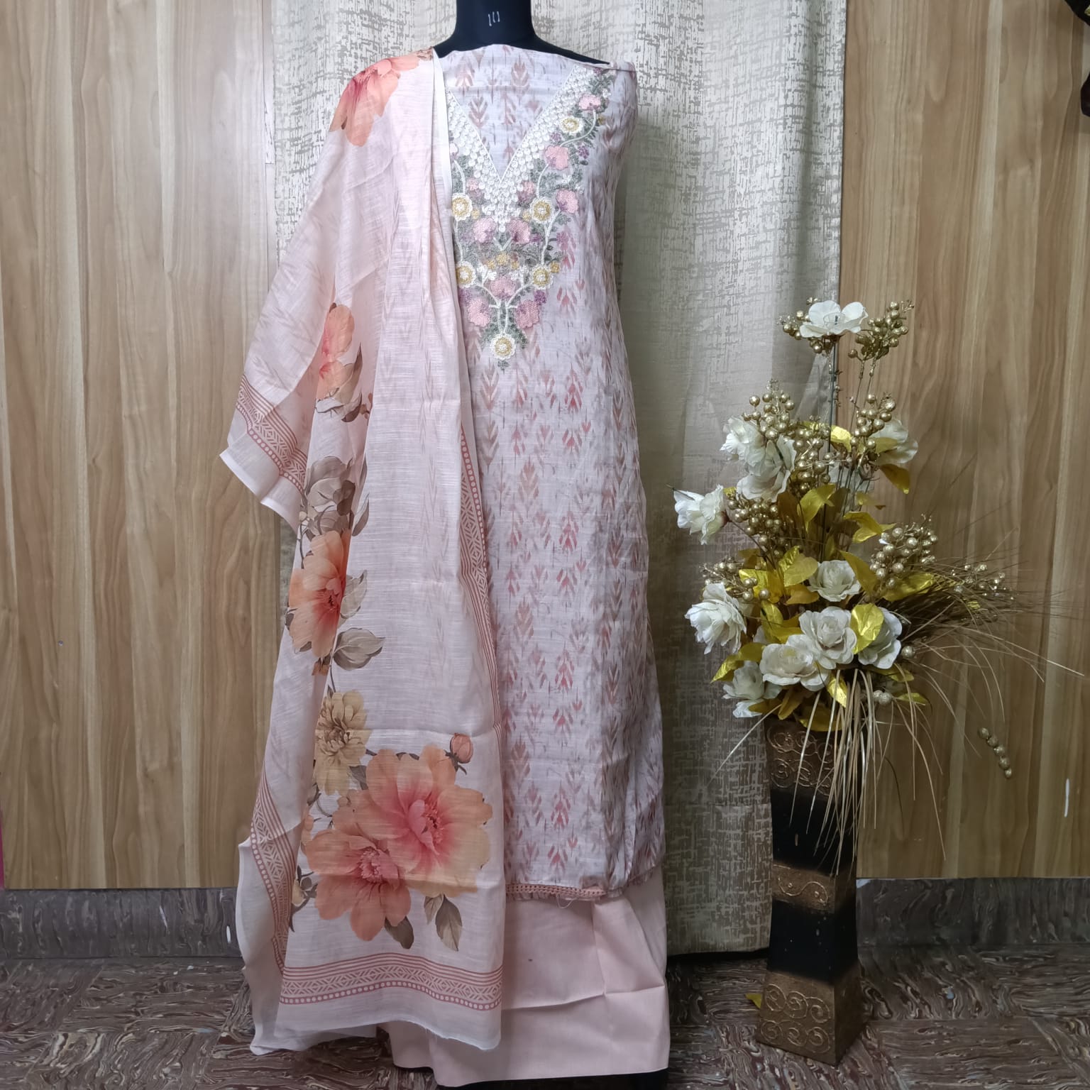 Blush Pink Floral Embroidered Cotton Chudithar Dress Material with Printed Dupatta
