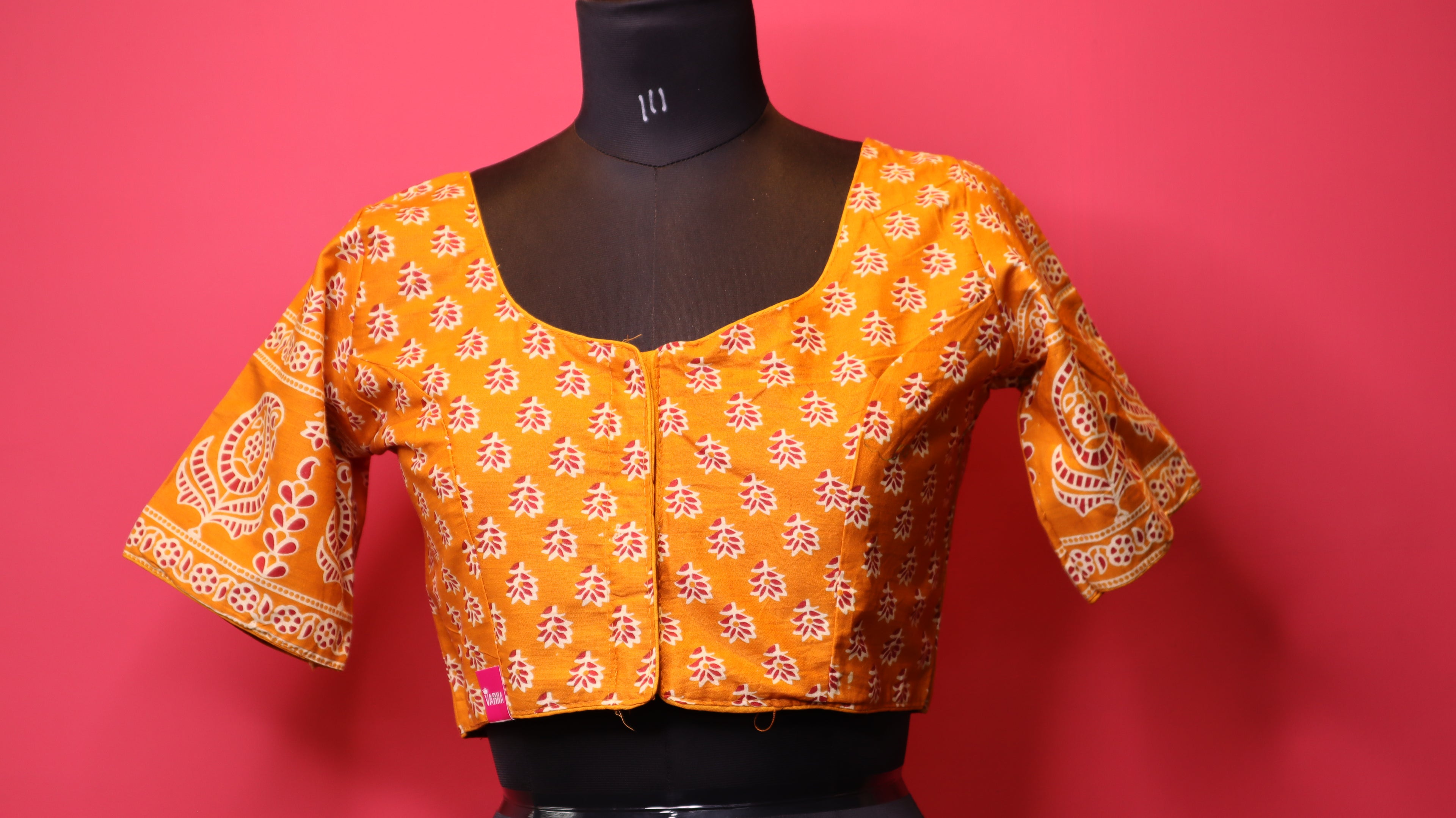 Women's Mustard Yellow Printed Cotton Readymade Blouse – Elbow Sleeve