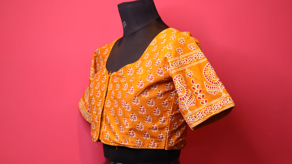 Women's Mustard Yellow Printed Cotton Readymade Blouse – Elbow Sleeve