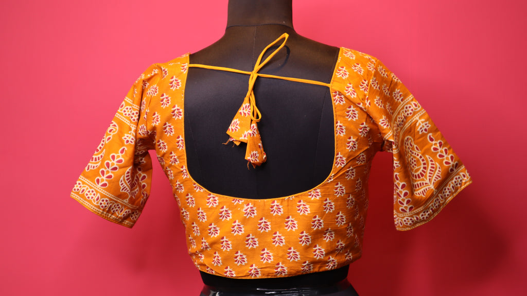 Women's Mustard Yellow Printed Cotton Readymade Blouse – Elbow Sleeve
