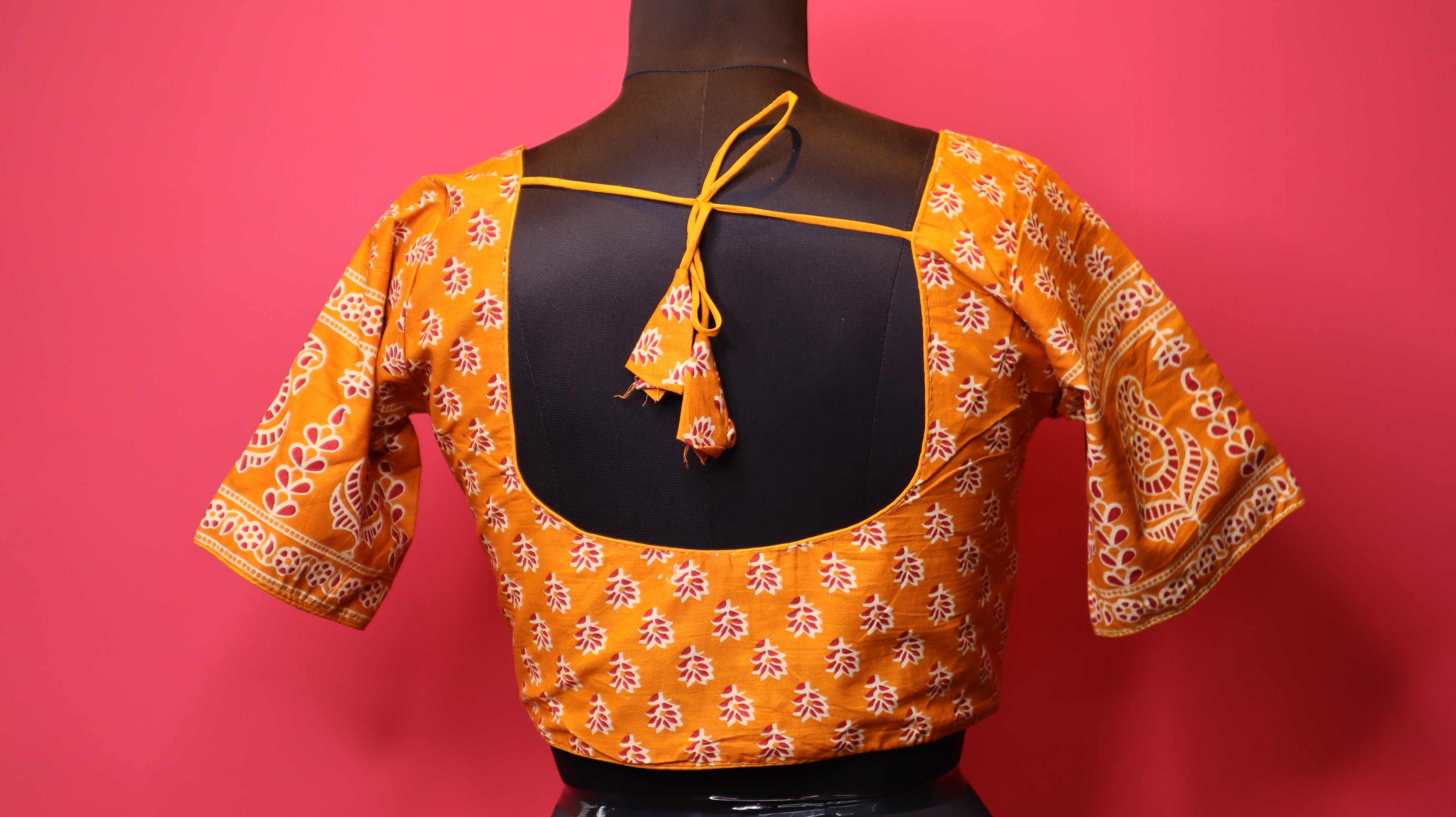 Women's Mustard Yellow Printed Cotton Readymade Blouse – Elbow Sleeve