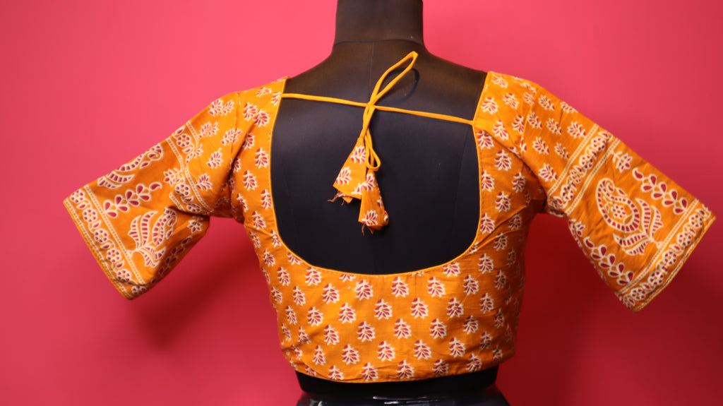 Women's Mustard Yellow Printed Cotton Readymade Blouse – Elbow Sleeve