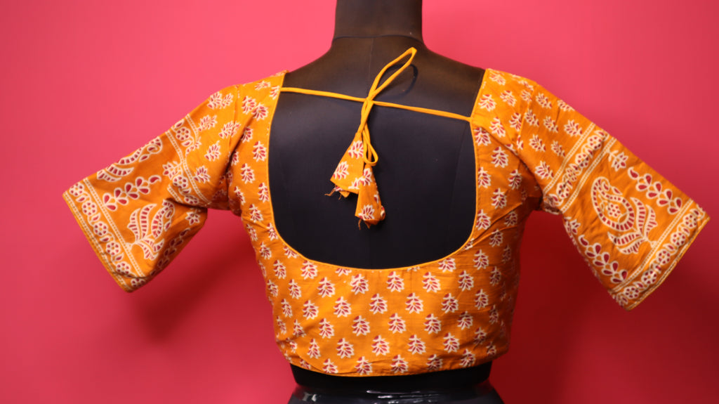 Women's Mustard Yellow Printed Cotton Readymade Blouse – Elbow Sleeve