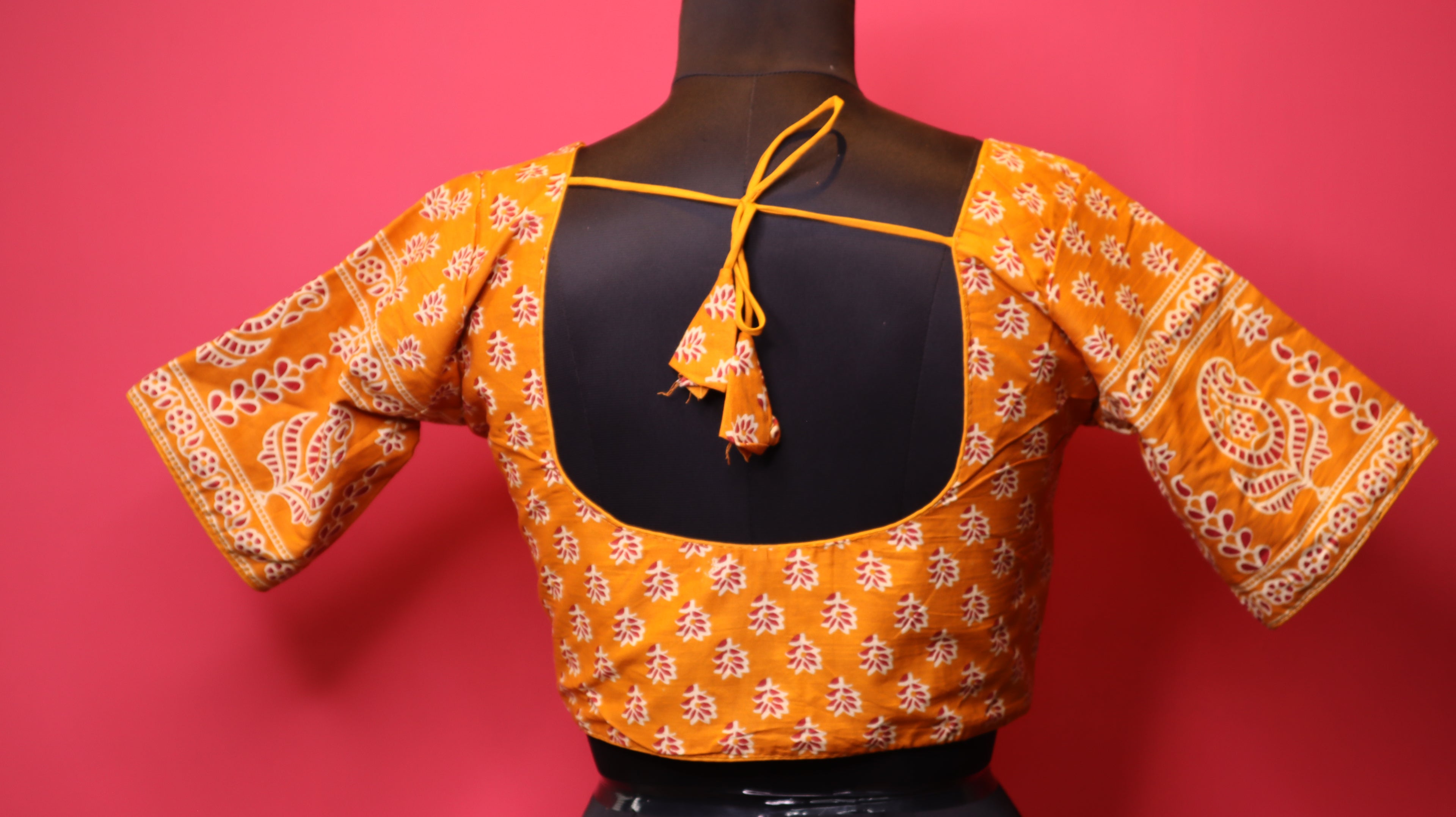 Women's Mustard Yellow Printed Cotton Readymade Blouse – Elbow Sleeve
