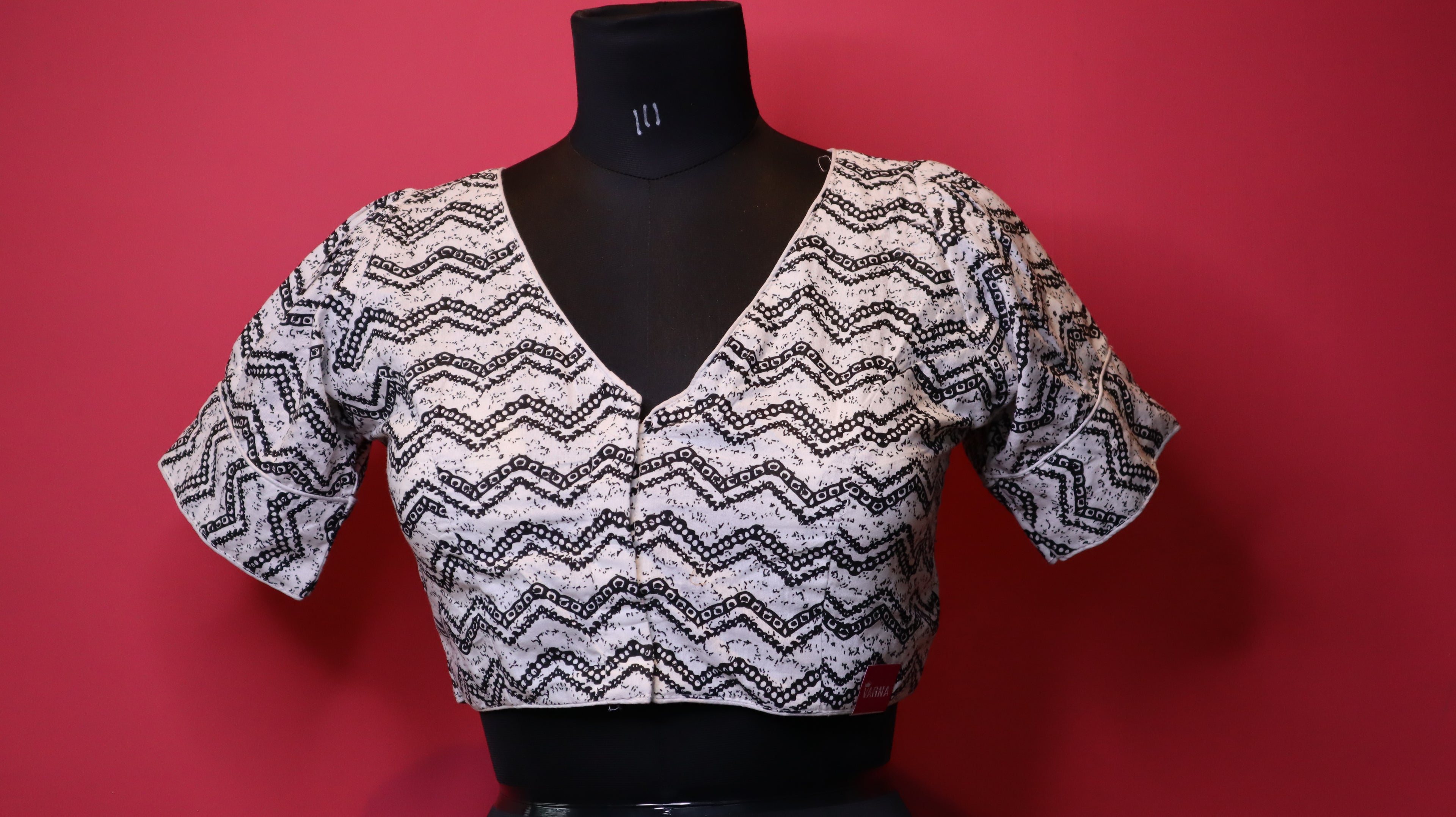 Women's White & Black Abstract Printed Cotton Readymade Blouse – V-Neck, Elbow Sleeve