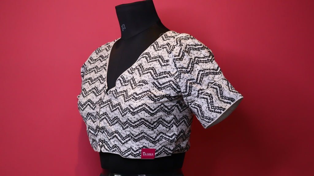 Women's White & Black Abstract Printed Cotton Readymade Blouse – V-Neck, Elbow Sleeve
