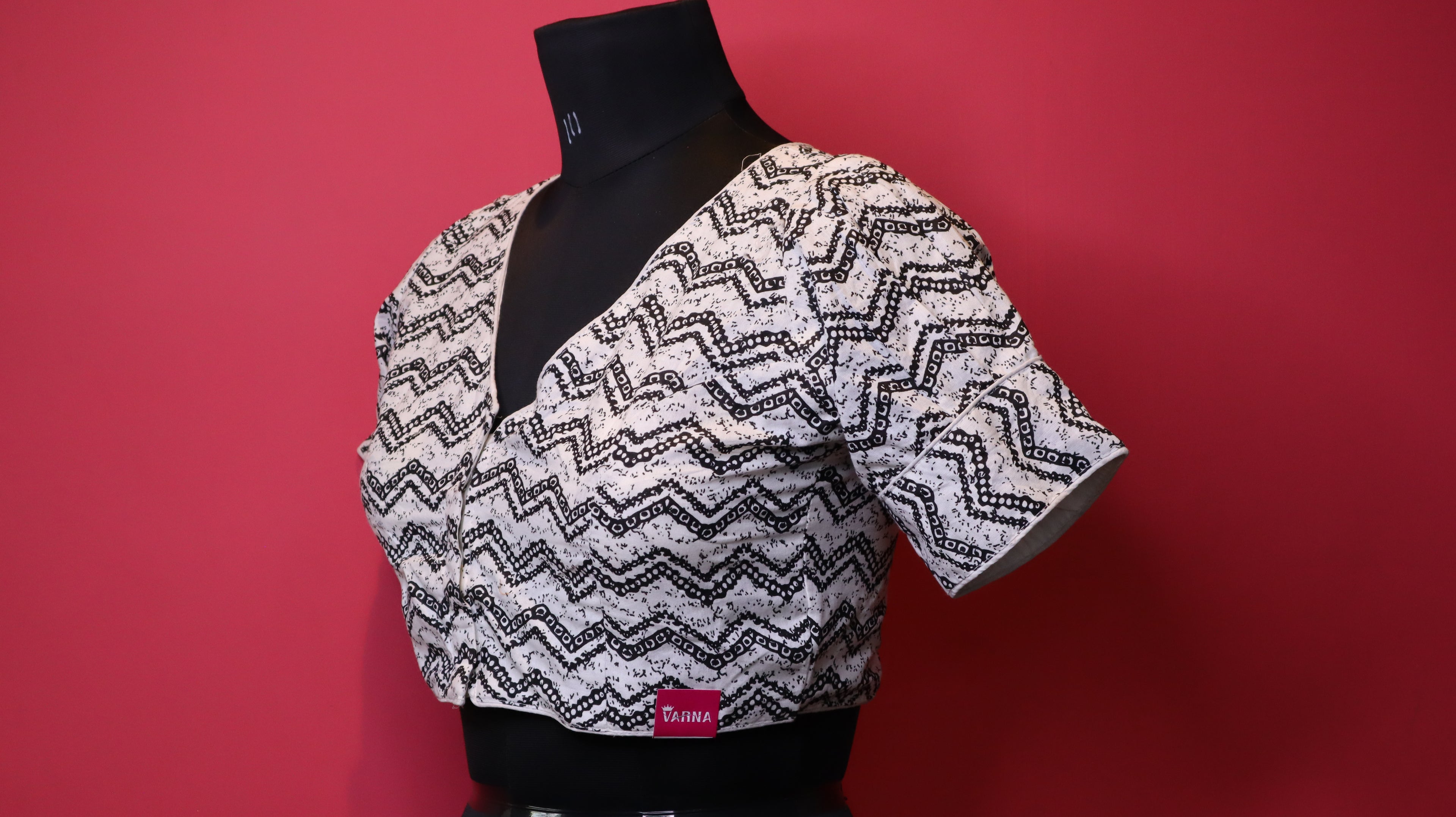 Women's White & Black Abstract Printed Cotton Readymade Blouse – V-Neck, Elbow Sleeve