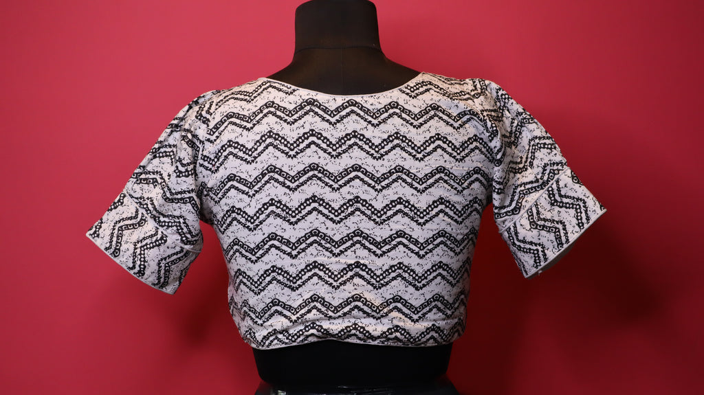 Women's White & Black Abstract Printed Cotton Readymade Blouse – V-Neck, Elbow Sleeve