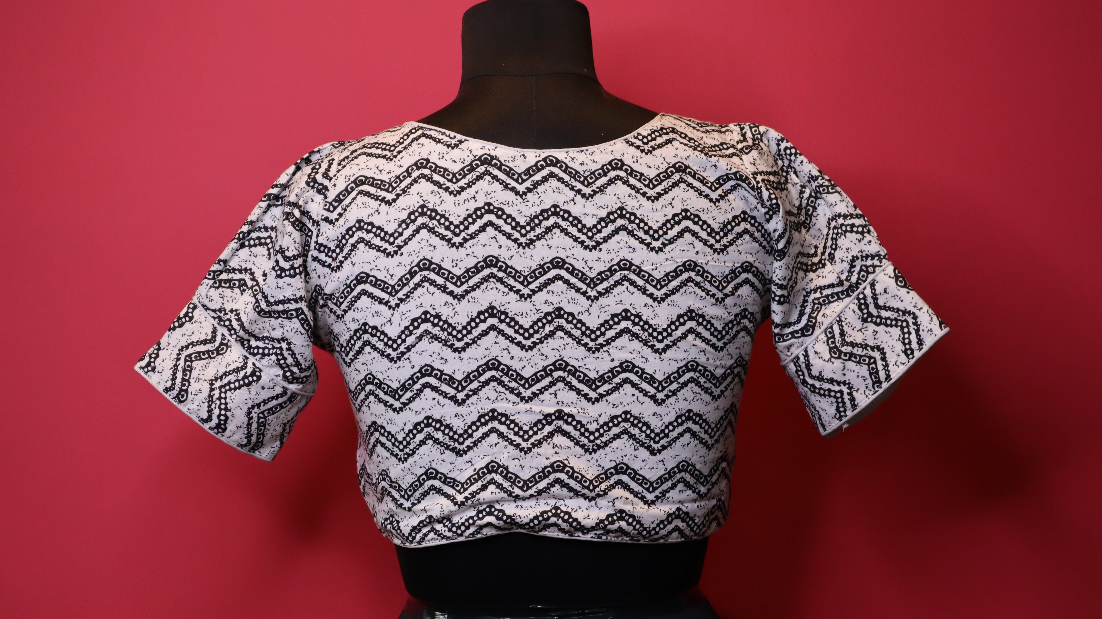 Women's White & Black Abstract Printed Cotton Readymade Blouse – V-Neck, Elbow Sleeve