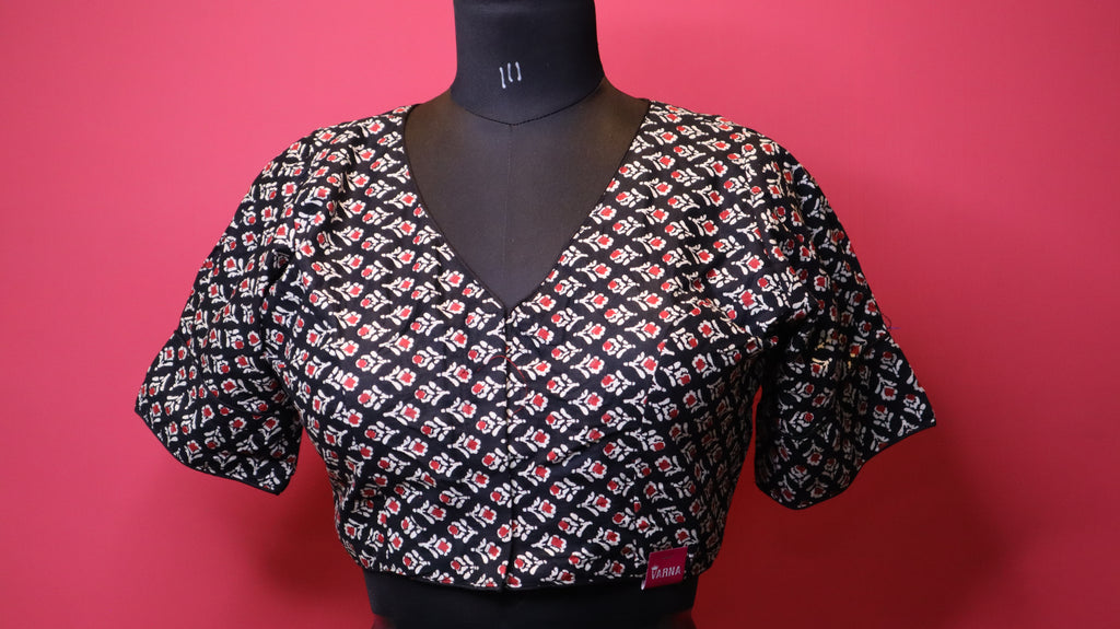 Women's Black Floral Printed Cotton Readymade Blouse – V-Neck, Elbow Sleeve