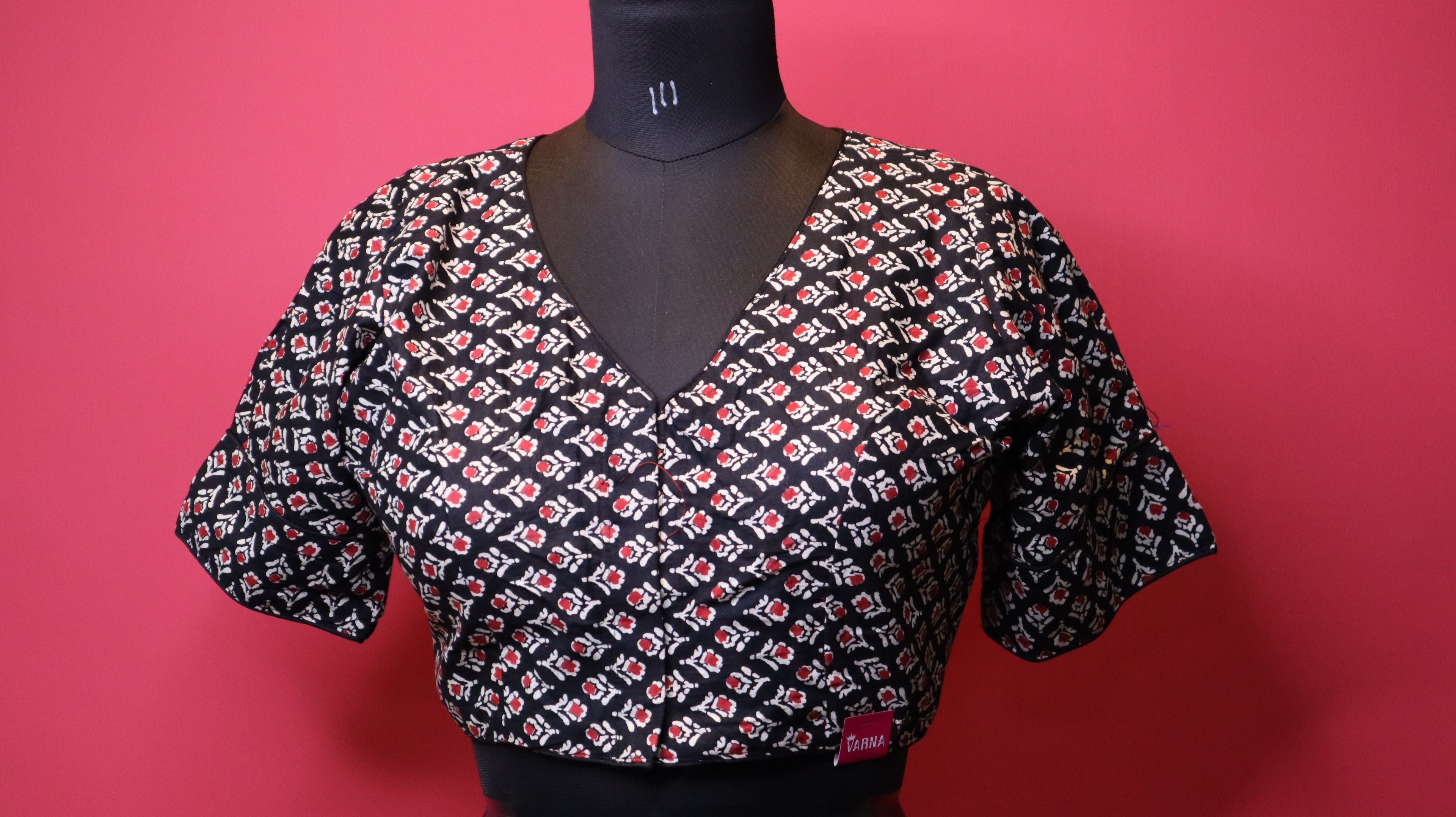 Women's Black Floral Printed Cotton Readymade Blouse – V-Neck, Elbow Sleeve
