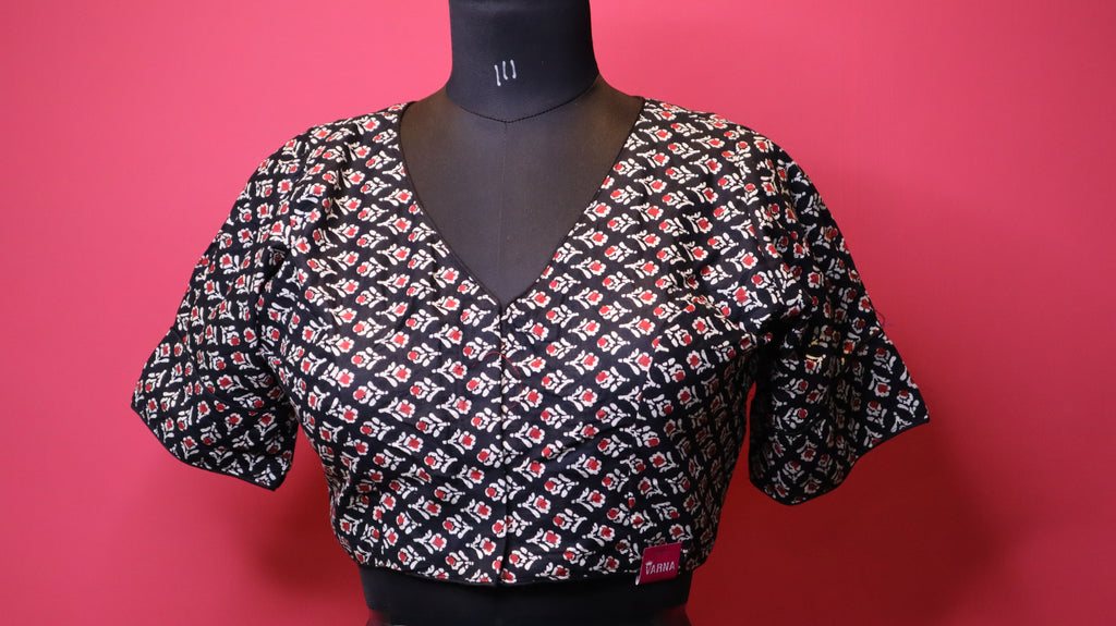 Women's Black Floral Printed Cotton Readymade Blouse – V-Neck, Elbow Sleeve