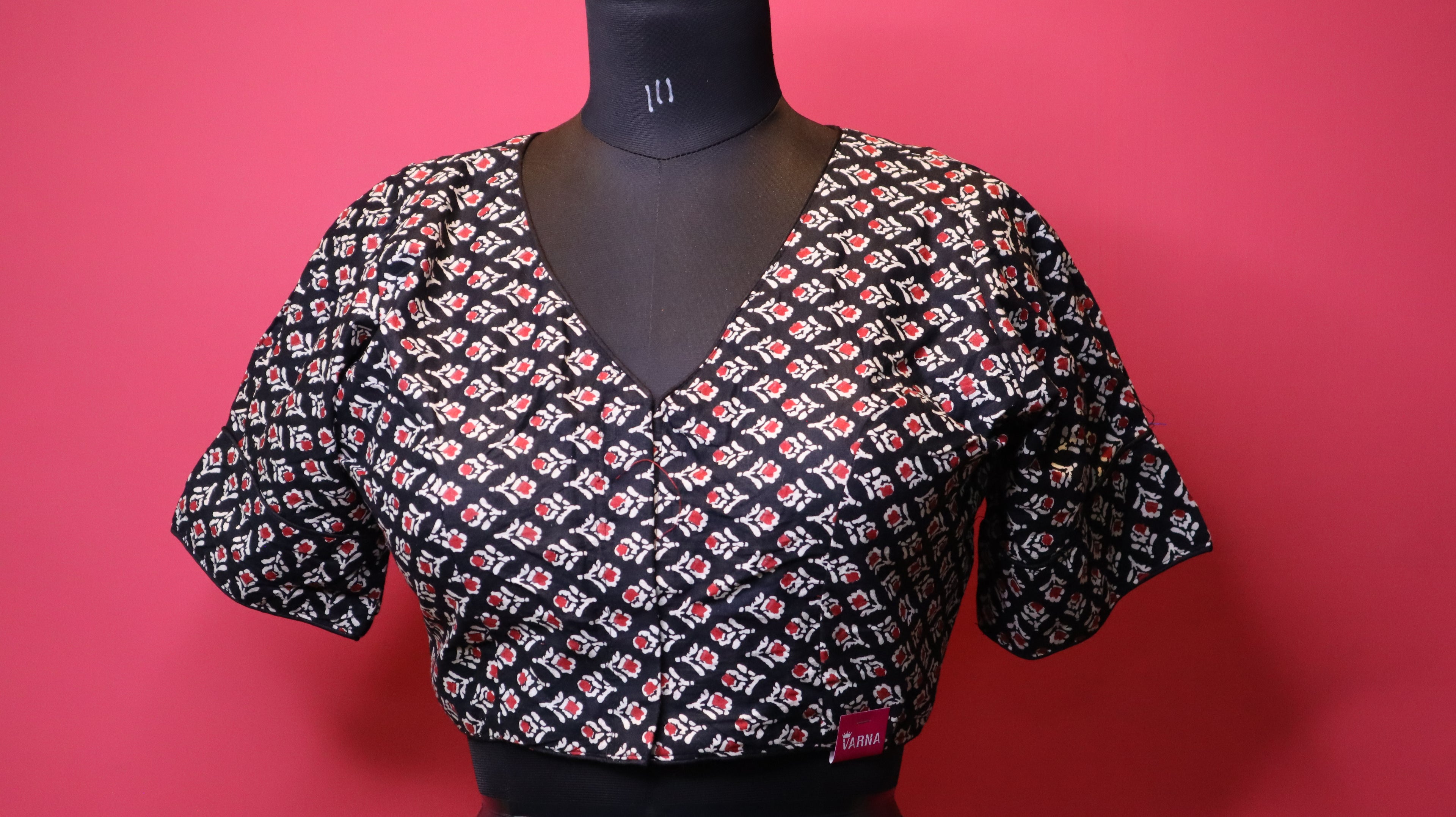 Women's Black Floral Printed Cotton Readymade Blouse – V-Neck, Elbow Sleeve