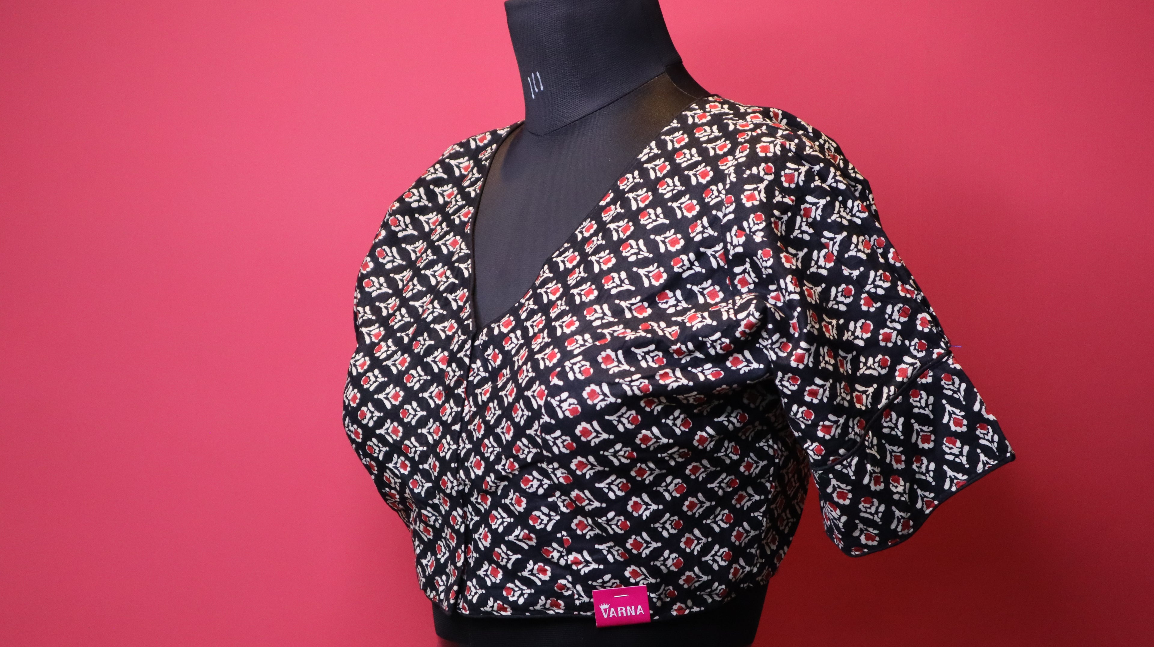 Women's Black Floral Printed Cotton Readymade Blouse – V-Neck, Elbow Sleeve