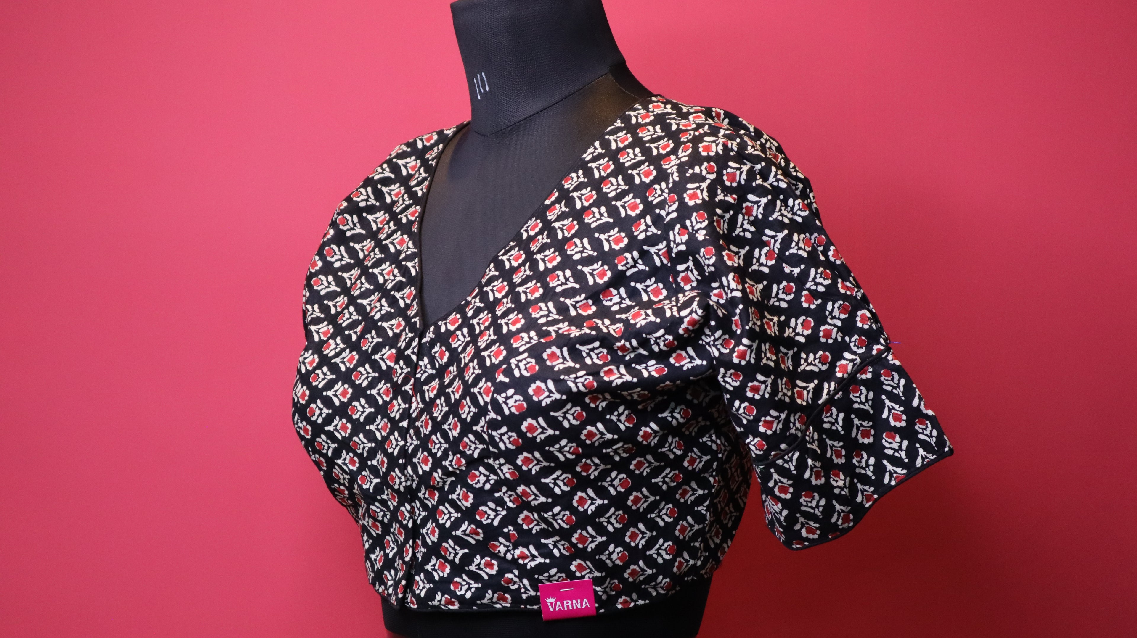 Women's Black Floral Printed Cotton Readymade Blouse – V-Neck, Elbow Sleeve