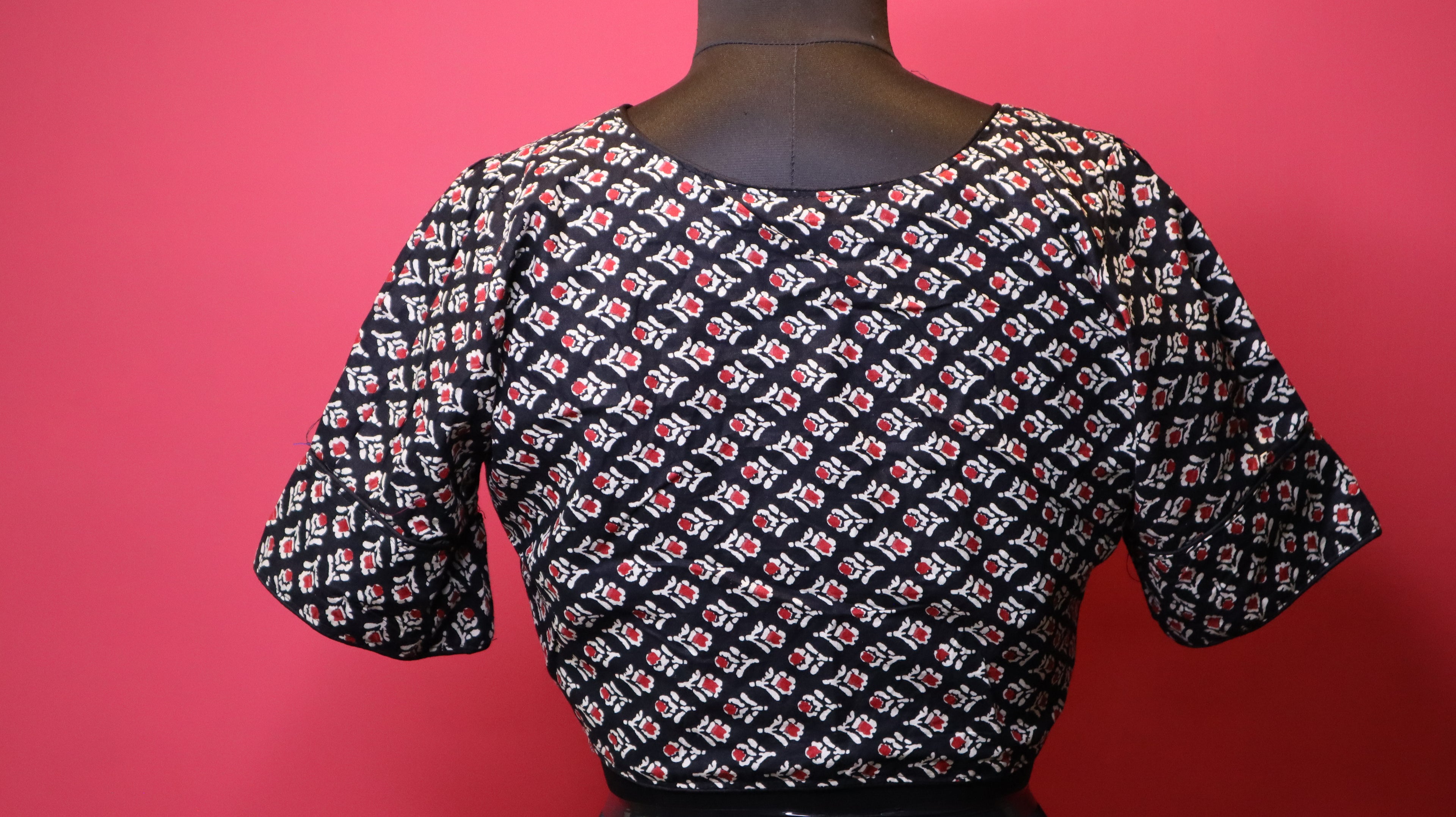 Women's Black Floral Printed Cotton Readymade Blouse – V-Neck, Elbow Sleeve