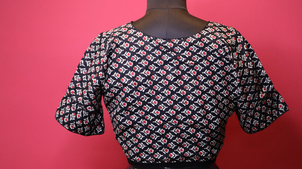 Women's Black Floral Printed Cotton Readymade Blouse – V-Neck, Elbow Sleeve