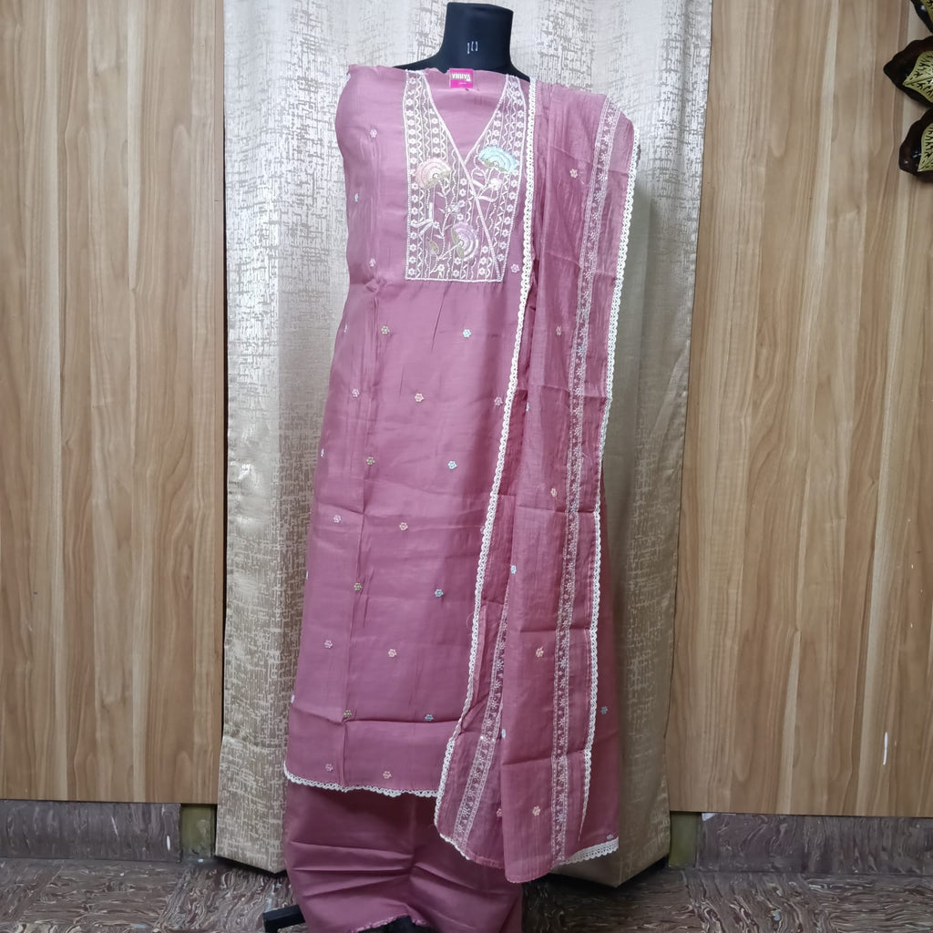 Dusty Rose Embroidered Cotton Chudithar Dress Material with Dupatta