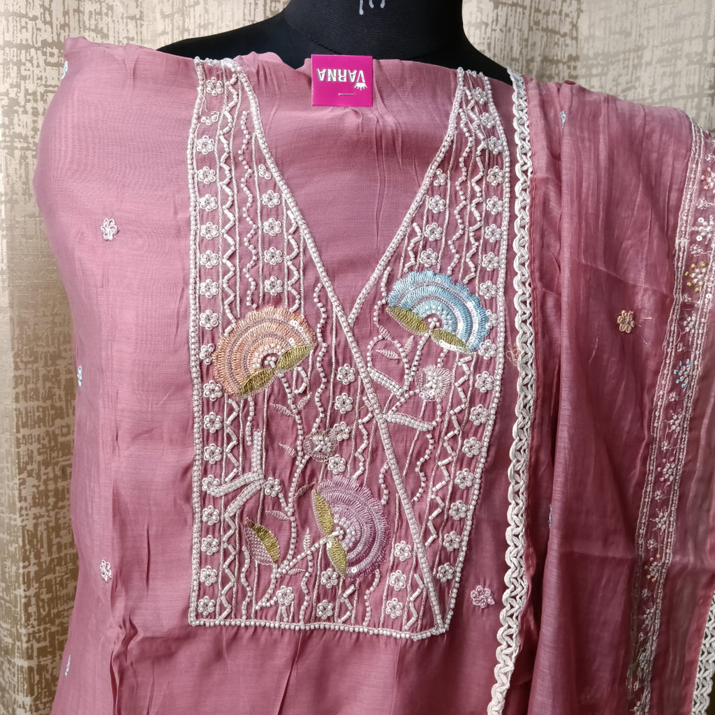 Dusty Rose Embroidered Cotton Chudithar Dress Material with Dupatta