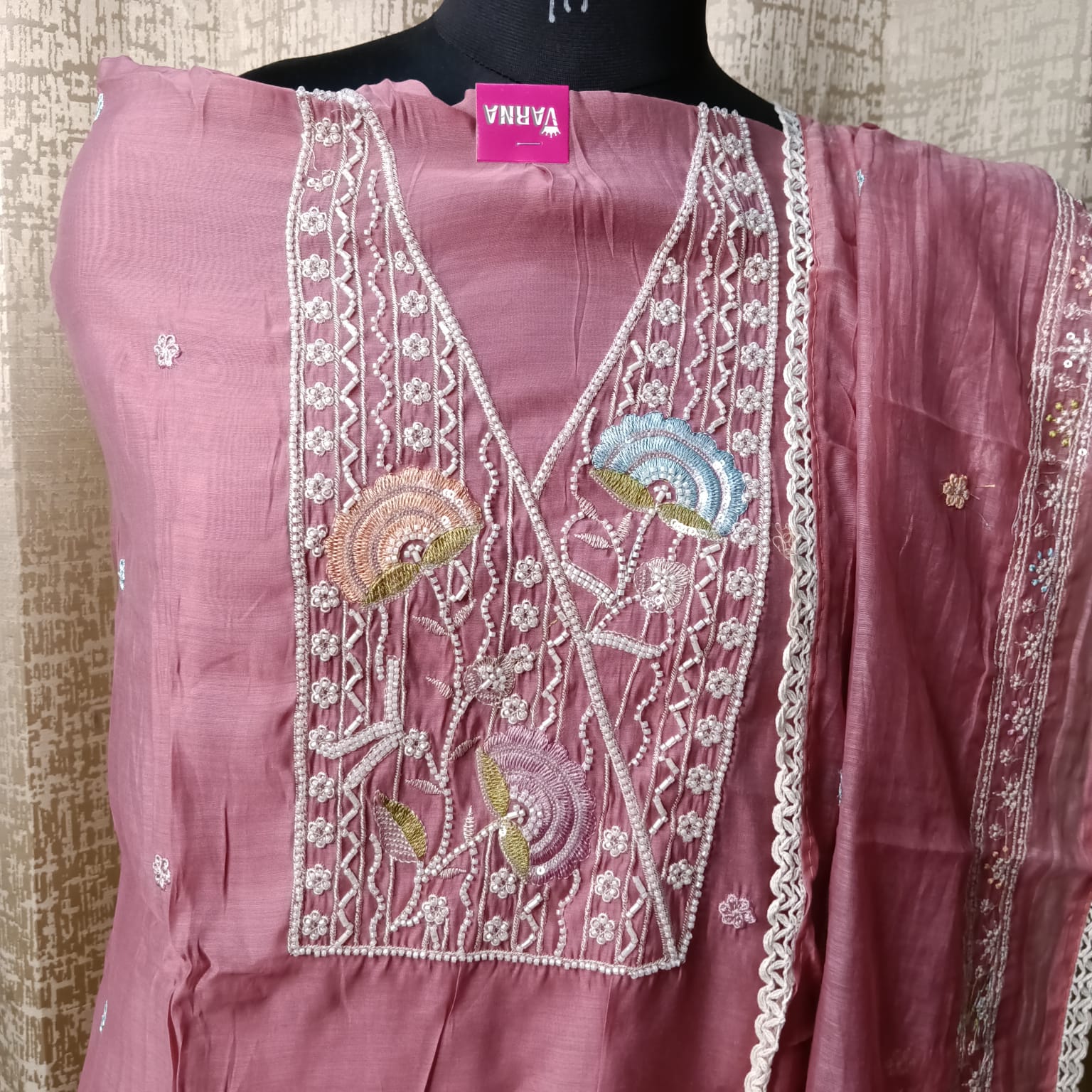 Dusty Rose Embroidered Cotton Chudithar Dress Material with Dupatta