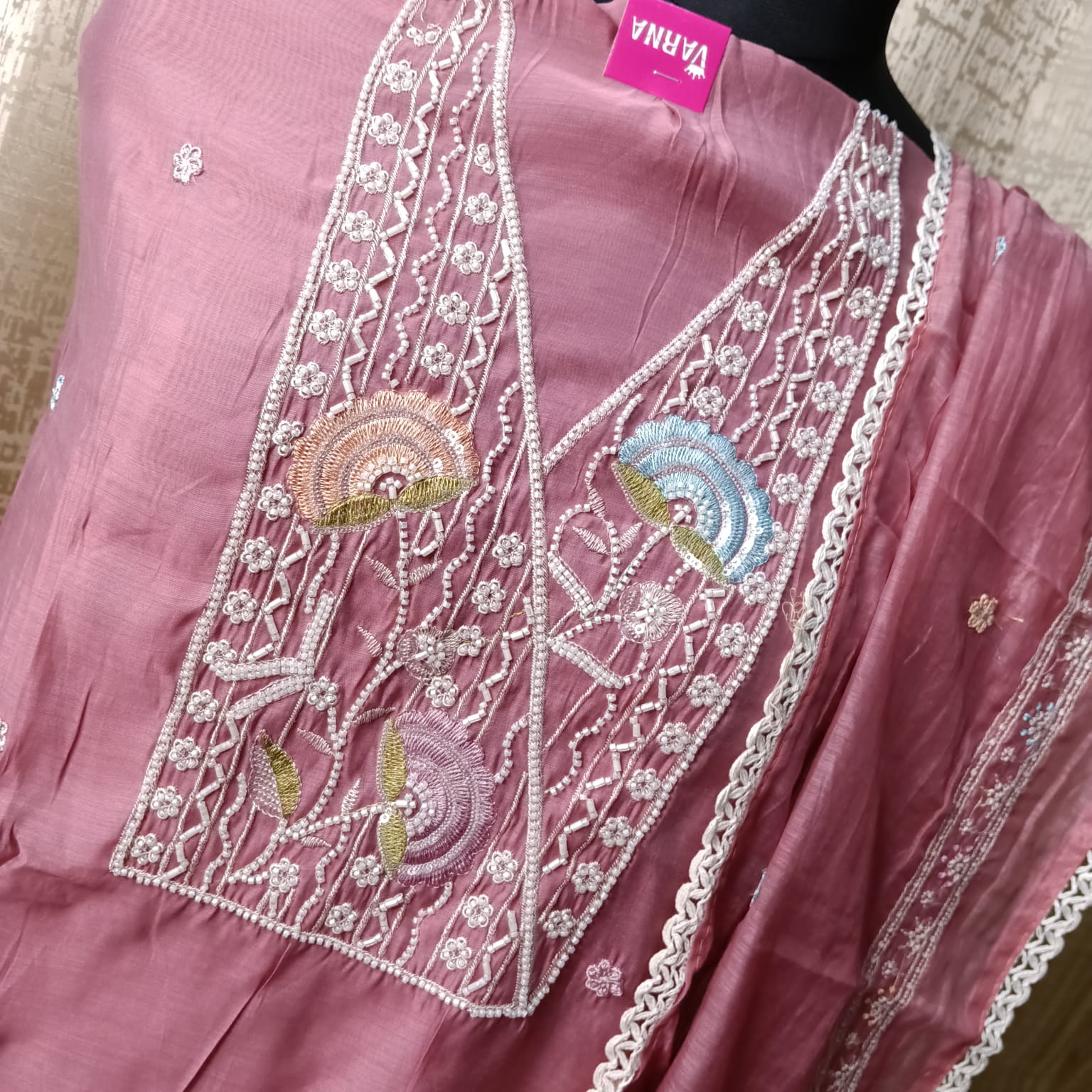 Dusty Rose Embroidered Cotton Chudithar Dress Material with Dupatta
