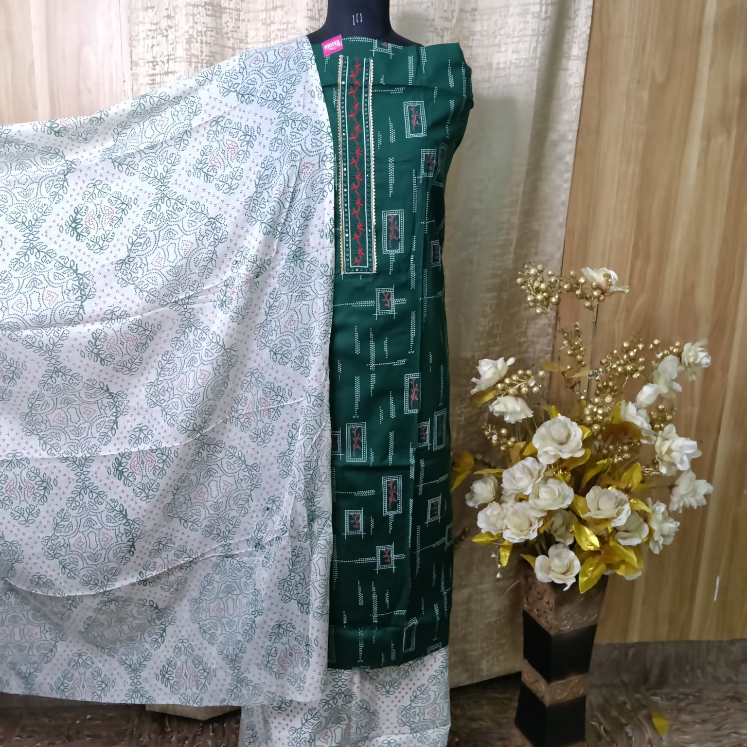 Emerald Green Cotton Suit Material with Printed Dupatta