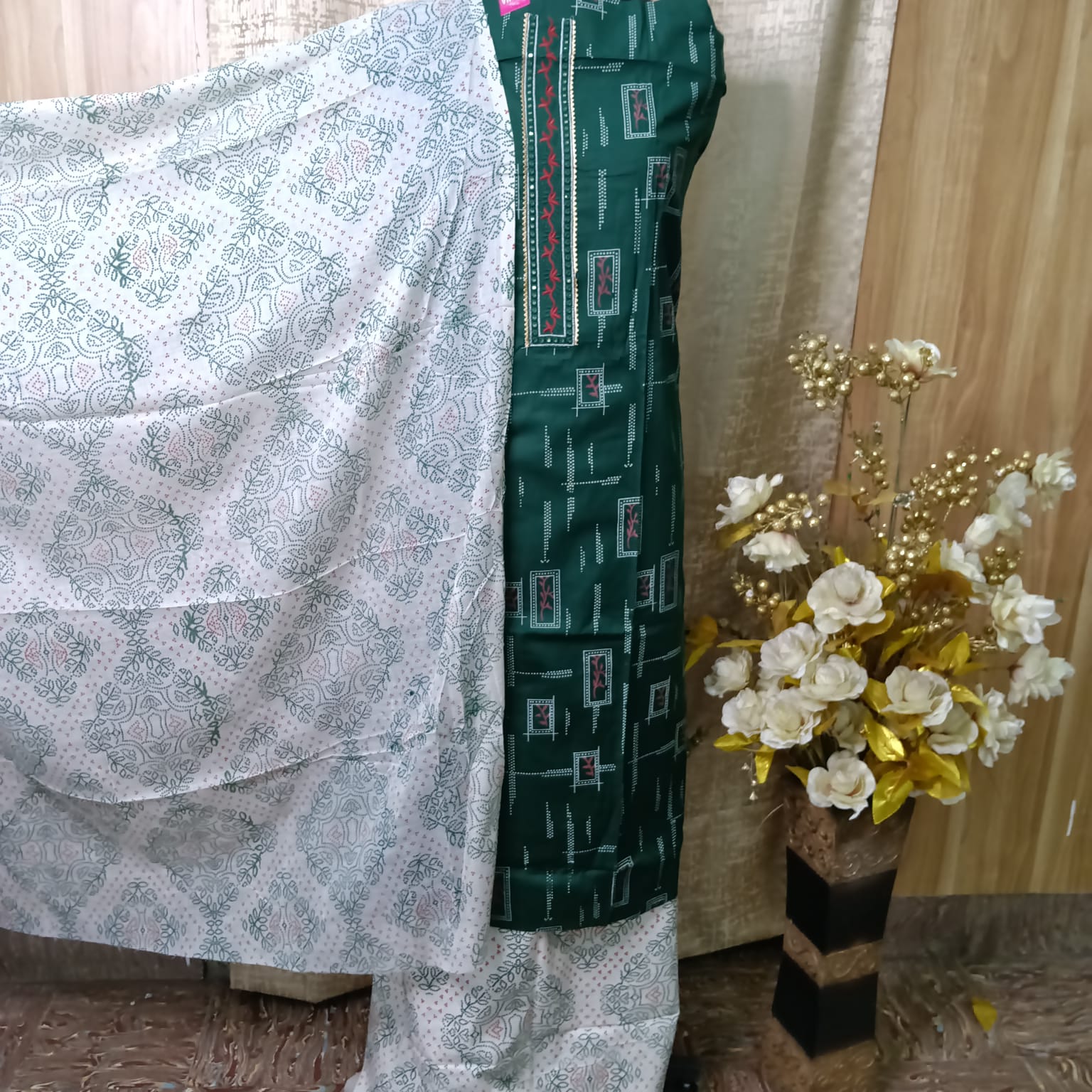 Emerald Green Cotton Suit Material with Printed Dupatta