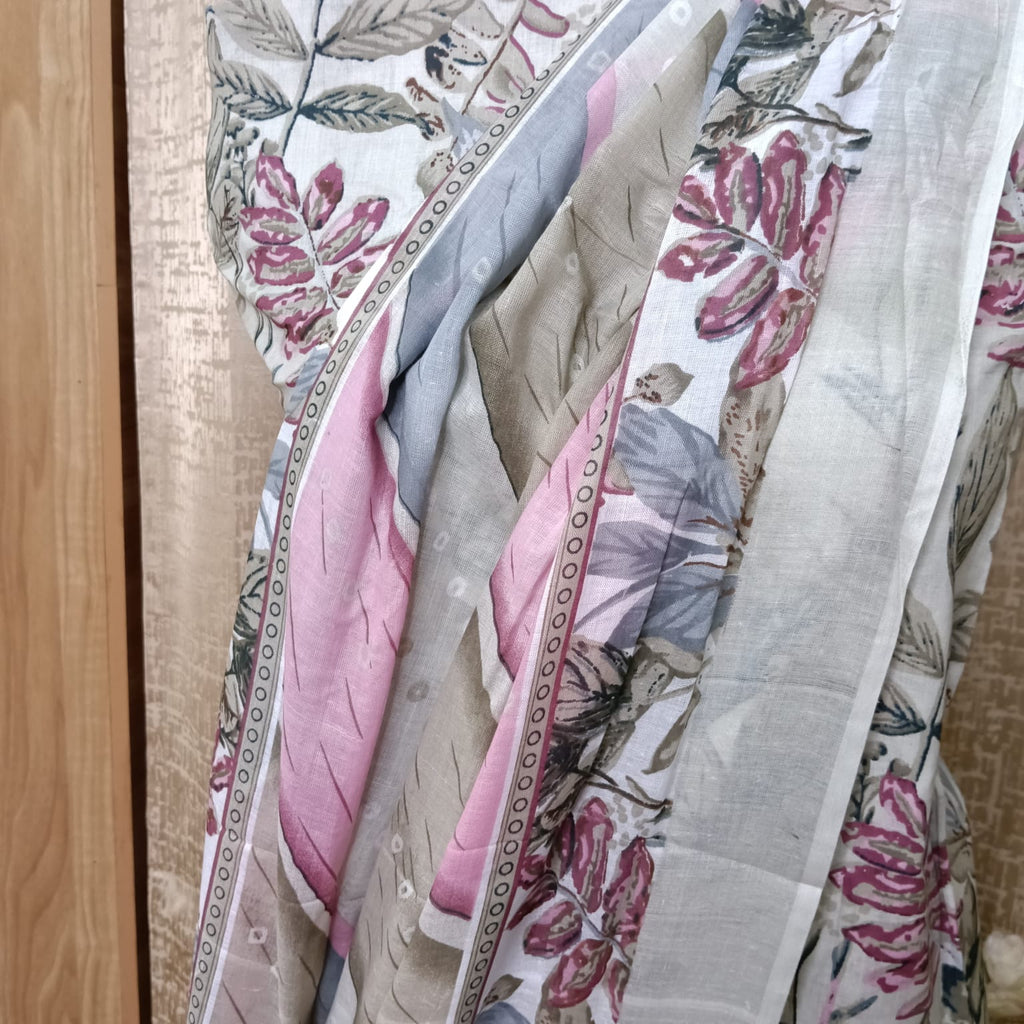 Pastel Grey Floral Cotton Chudithar Dress Material with Printed Dupatta