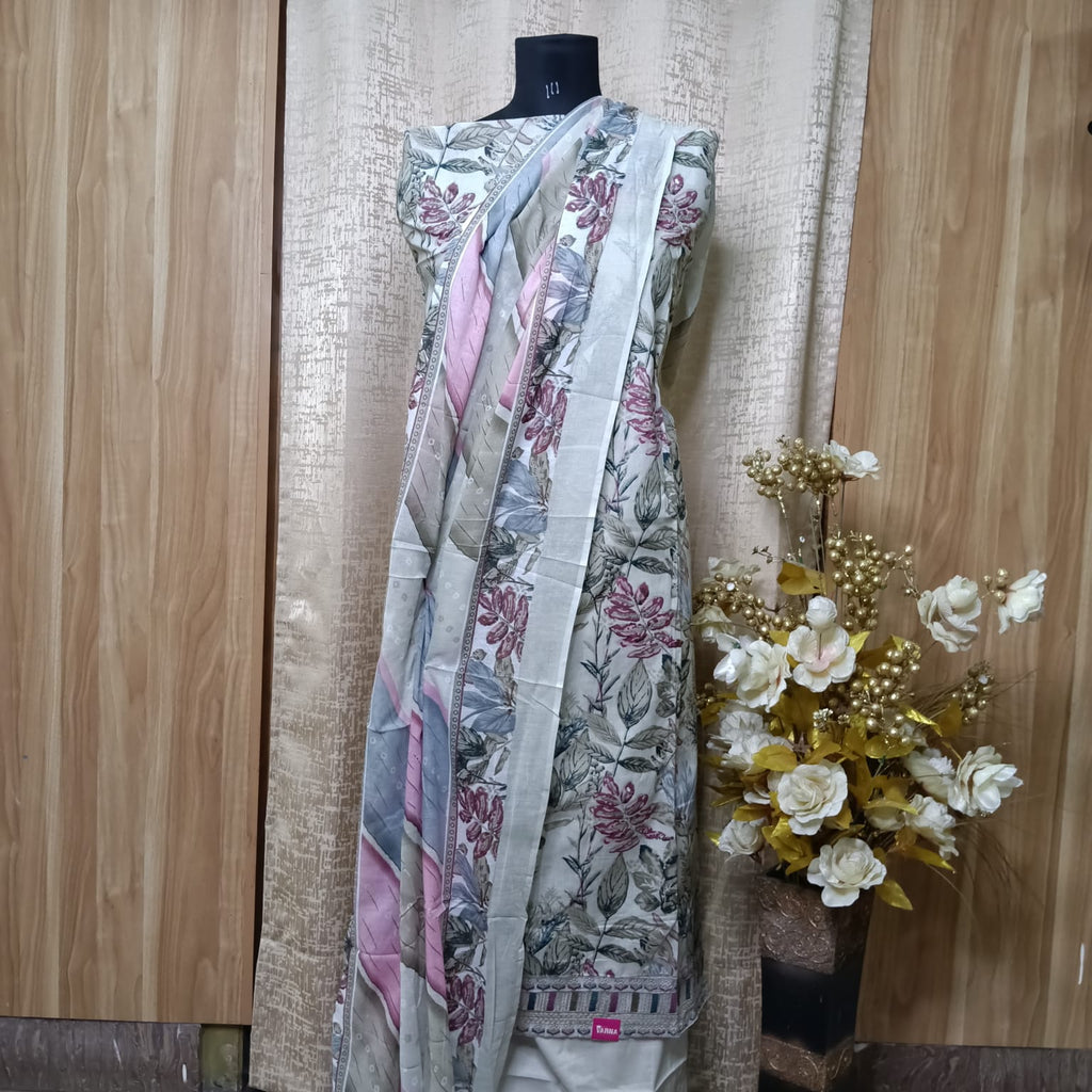 Pastel Grey Floral Cotton Chudithar Dress Material with Printed Dupatta