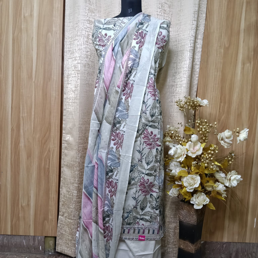 Pastel Grey Floral Cotton Chudithar Dress Material with Printed Dupatta