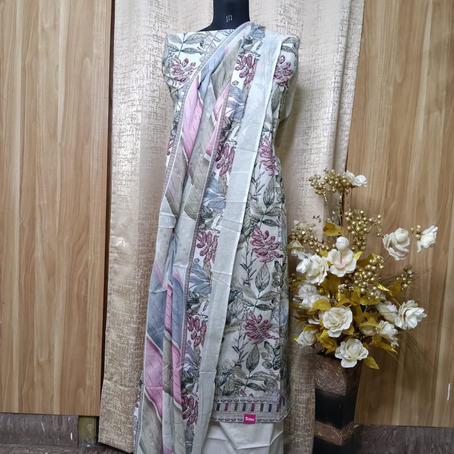 Pastel Grey Floral Cotton Chudithar Dress Material with Printed Dupatta