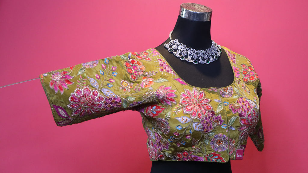 Women's Olive Green Designer Embroidered Blouse – Floral Handwork, Elbow Sleeve