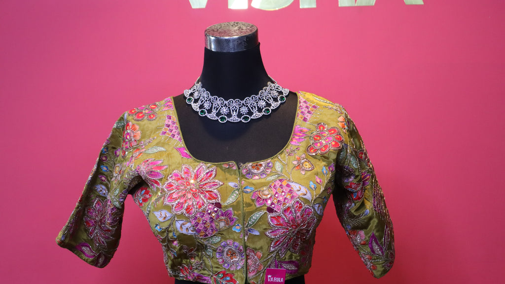 Women's Olive Green Designer Embroidered Blouse – Floral Handwork, Elbow Sleeve