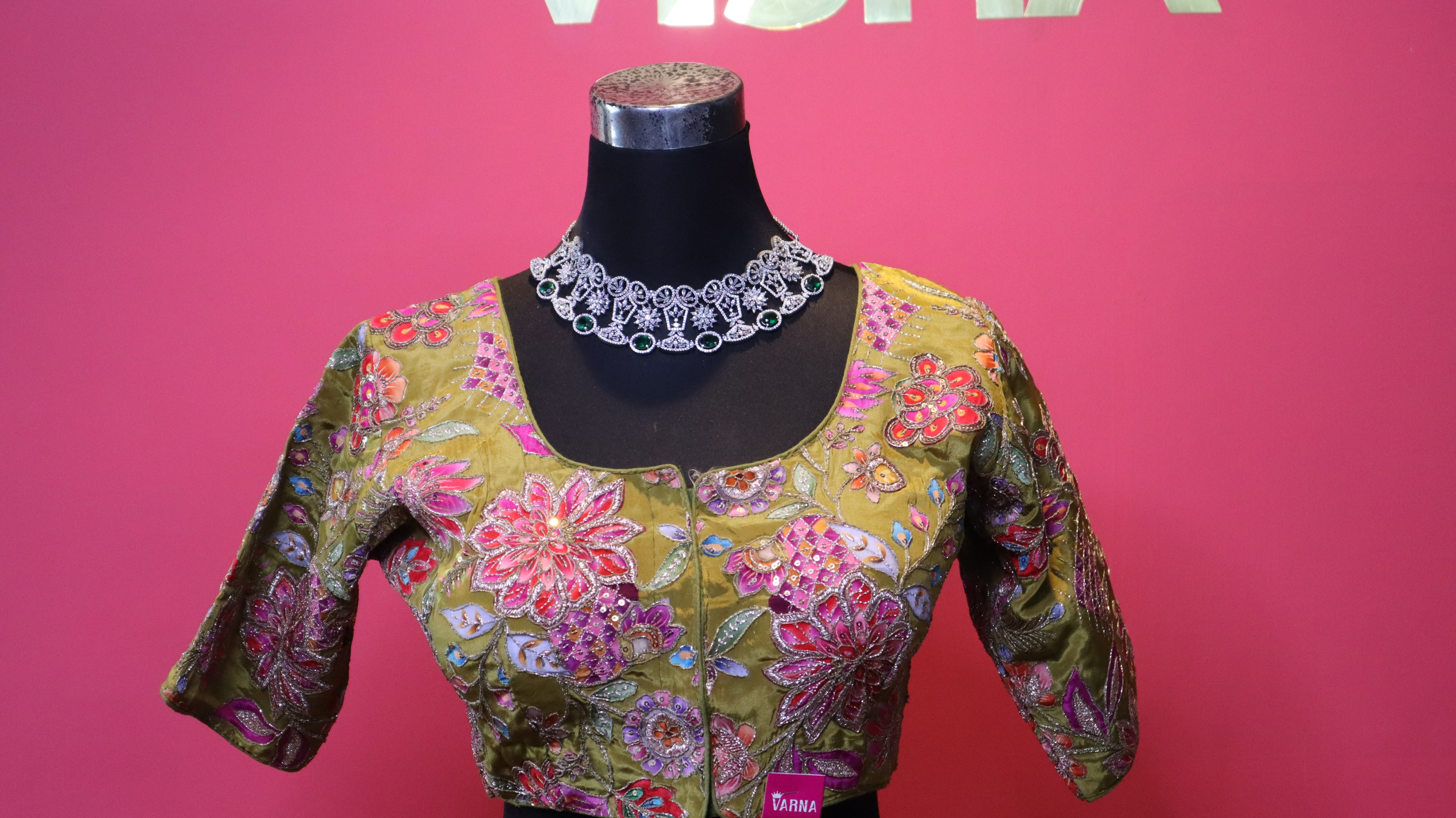 Women's Olive Green Designer Embroidered Blouse – Floral Handwork, Elbow Sleeve