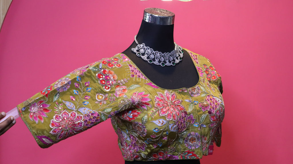 Women's Olive Green Designer Embroidered Blouse – Floral Handwork, Elbow Sleeve