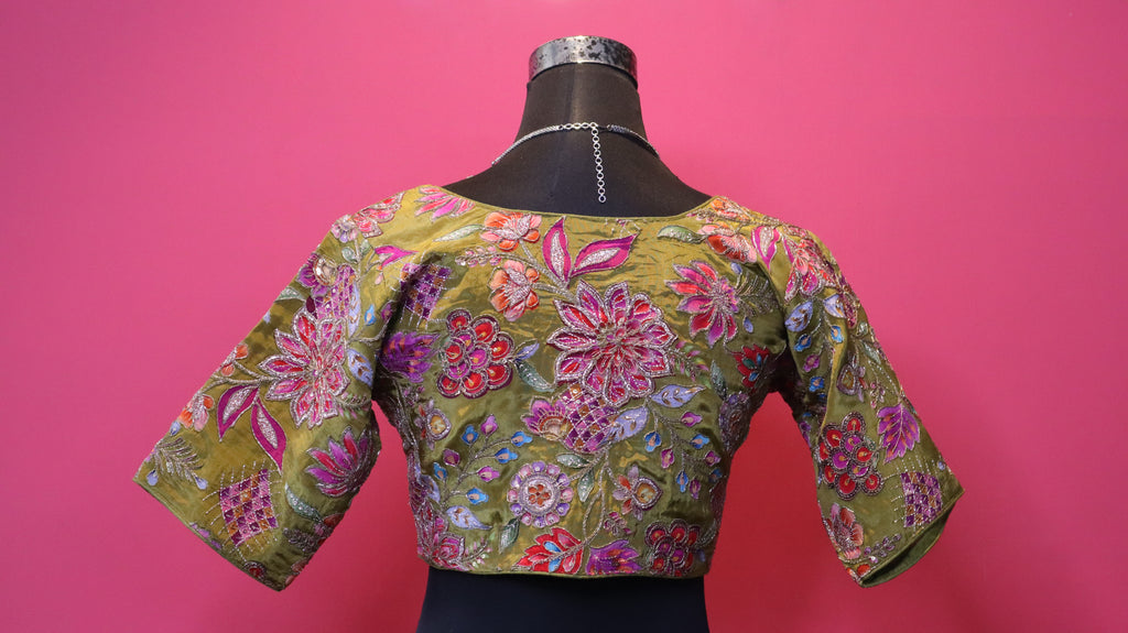 Women's Olive Green Designer Embroidered Blouse – Floral Handwork, Elbow Sleeve