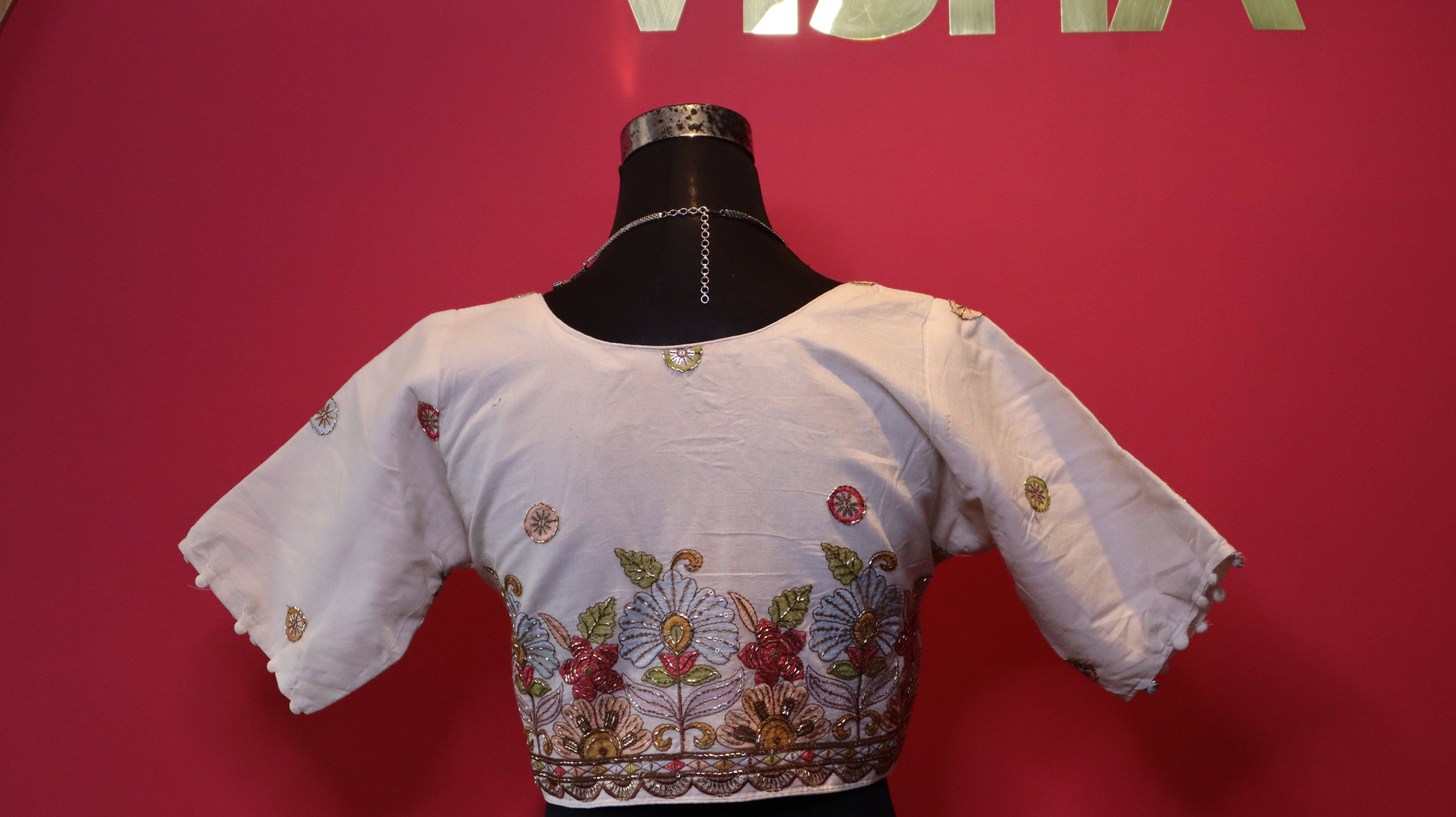 Women's Off White Embellished Silk Blend Readymade Blouse – Round Neck, Half Sleeve